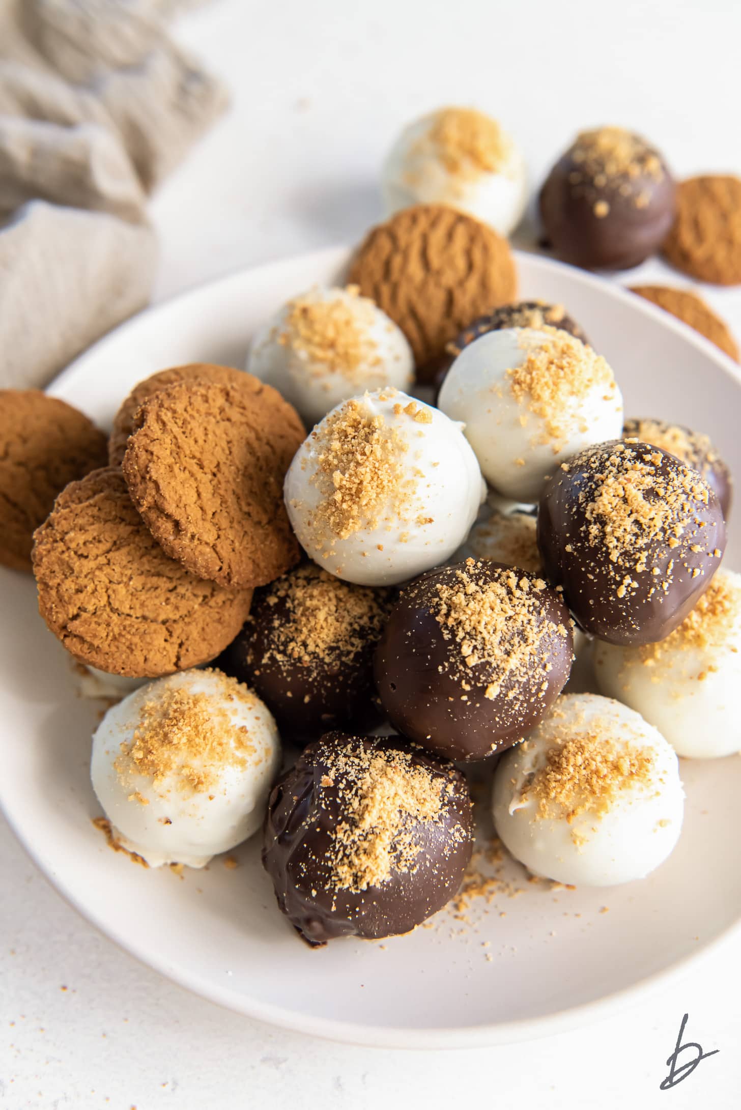 dark chocolate and white chocolate gingerbread truffles on a plate with a couple gingersnap cookies.