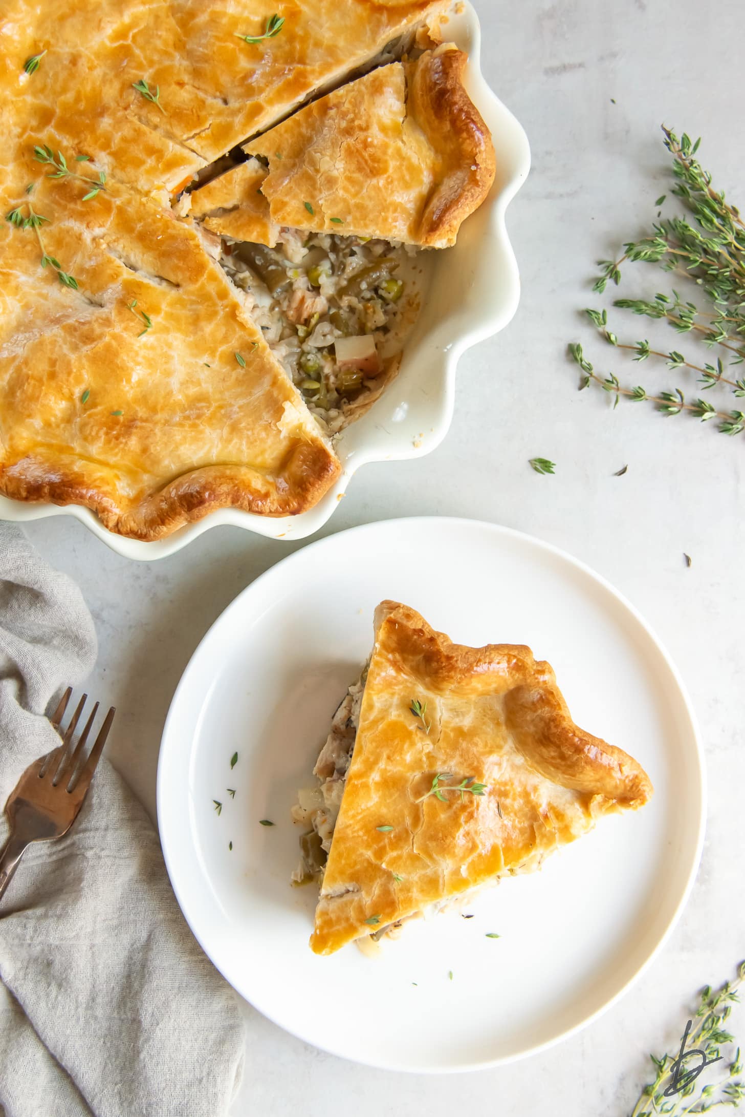 slice of turkey pot pie on plate next to pot pie in pie dish.