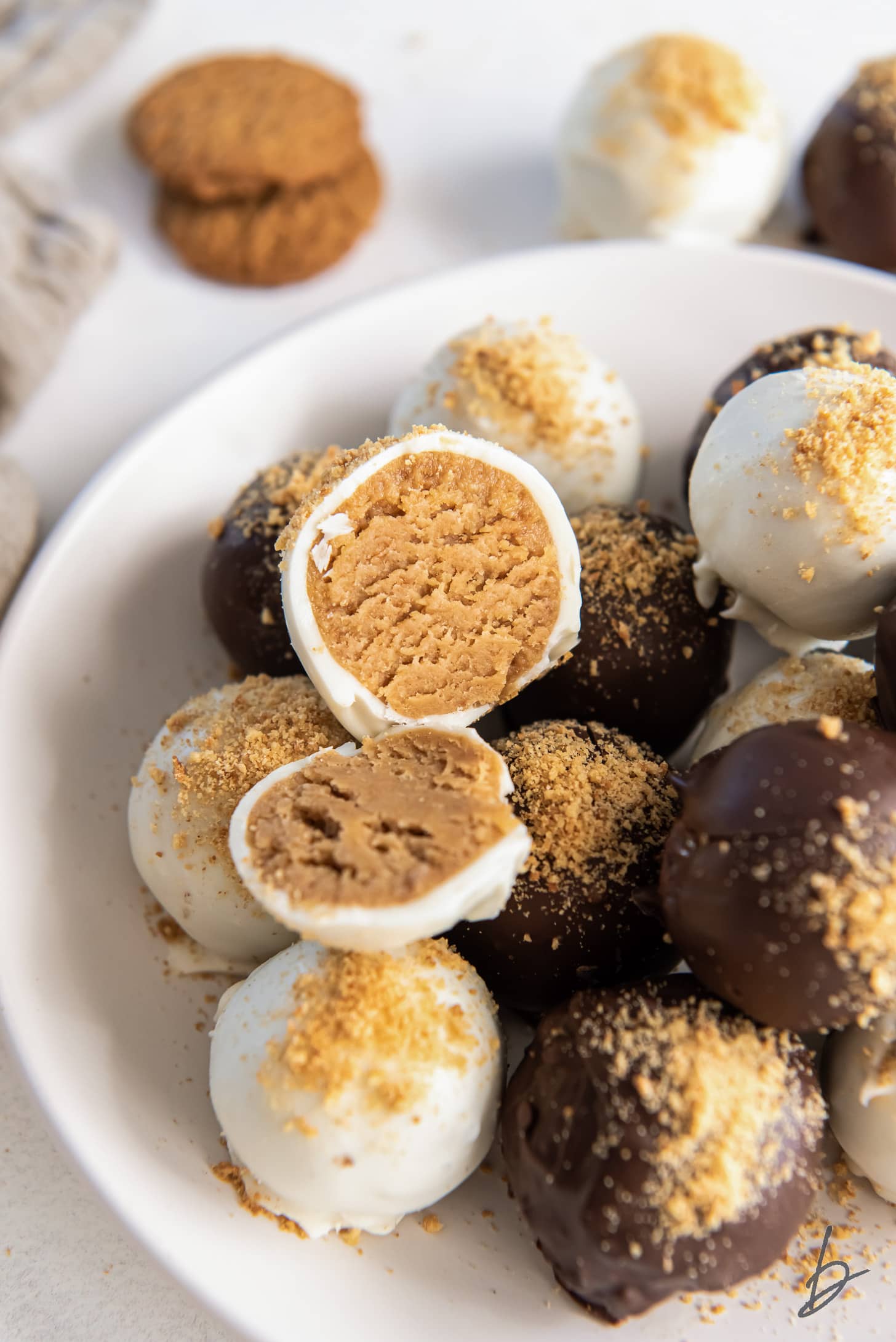 gingerbread truffles cut in half on top of more truffles on plate.