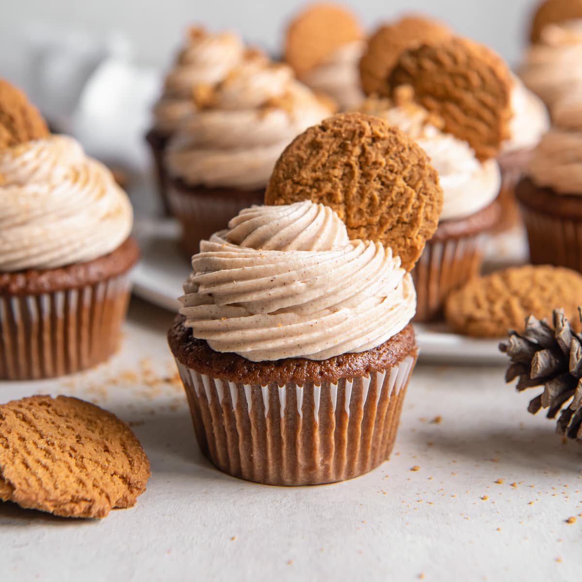 gingerbread cupcake with cream cheese frosting and cookie garnish.