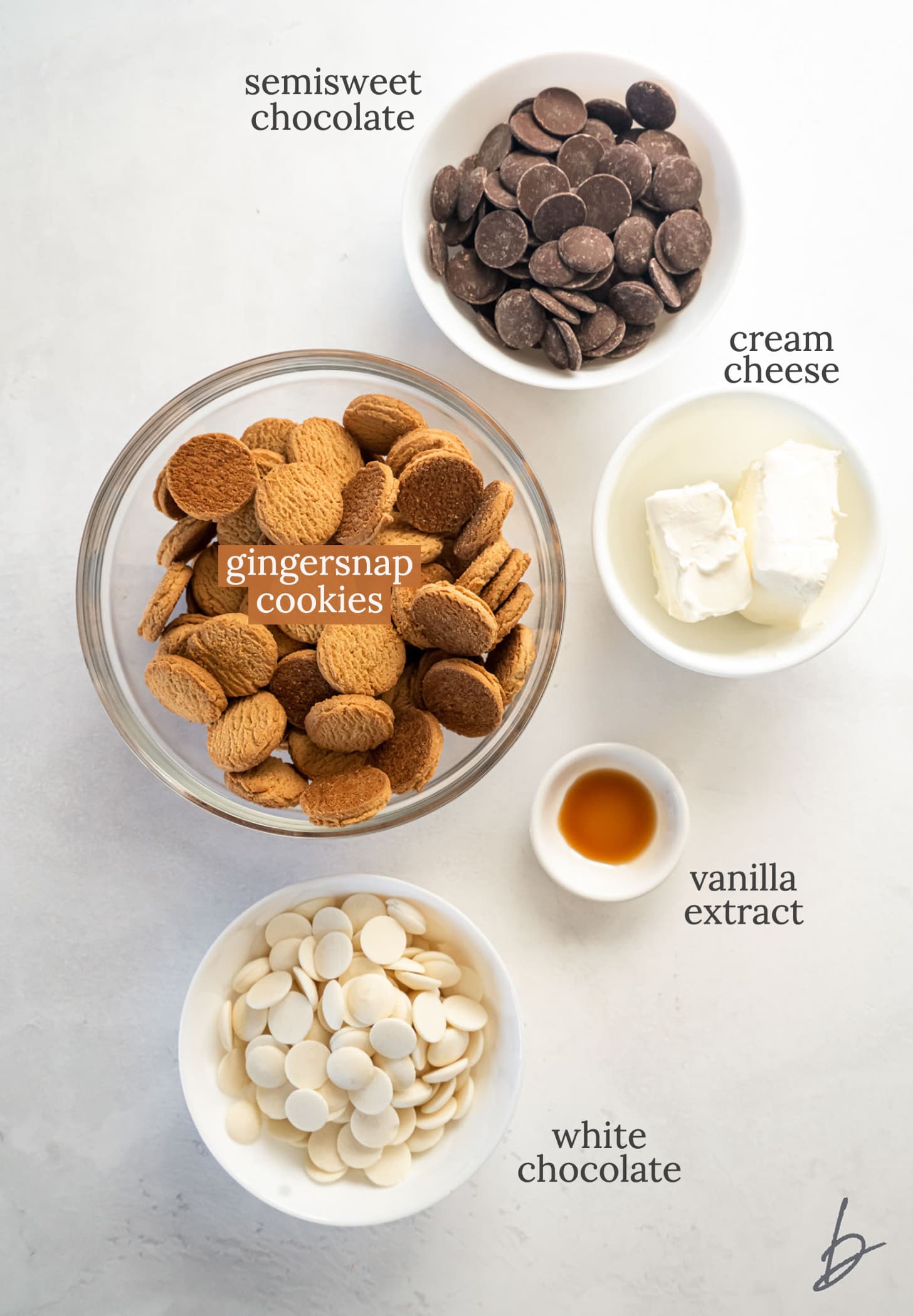 gingerbread truffles ingredients in bowls labeled with text.