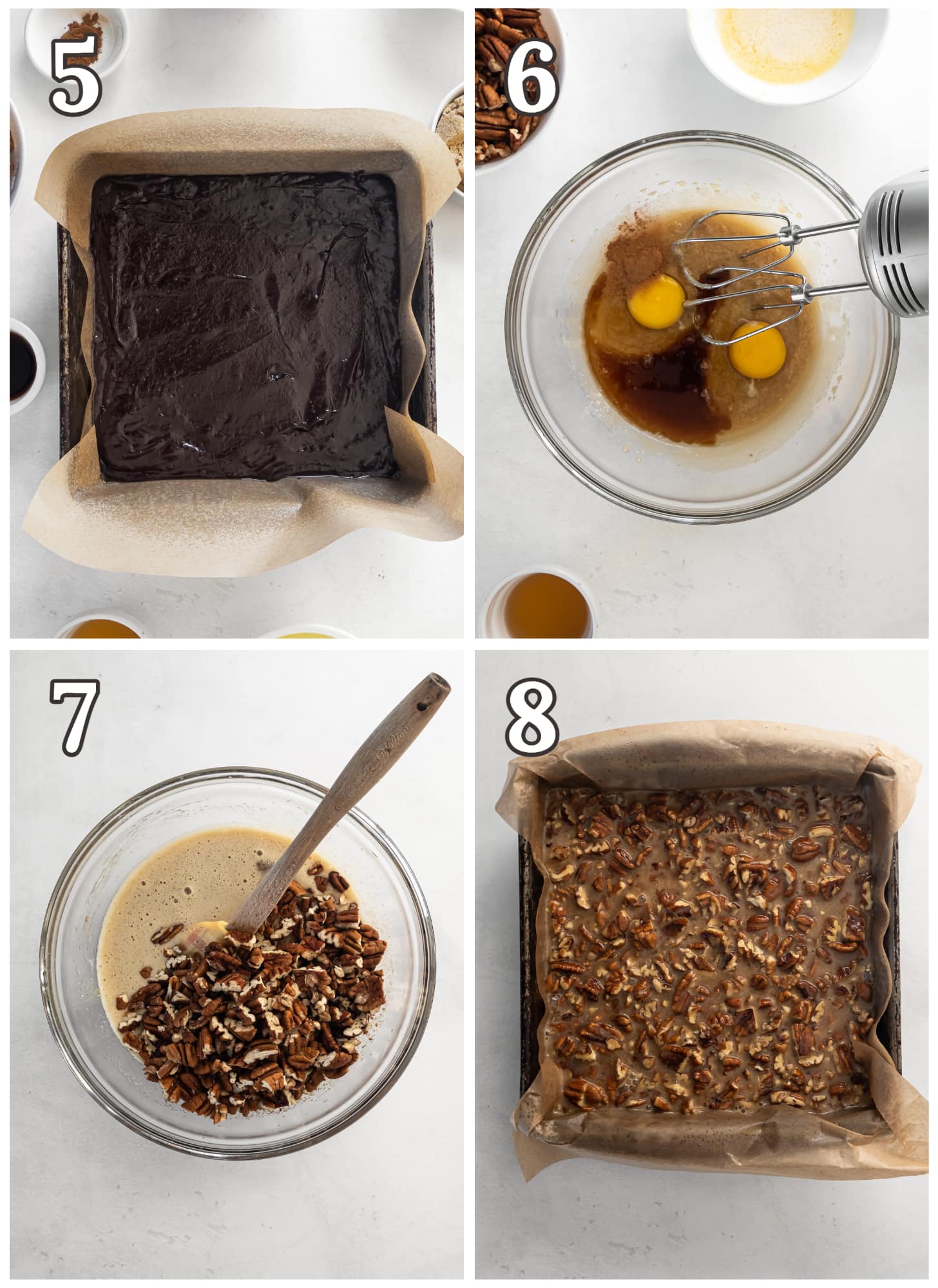 photo collage demonstrating how to make pecan pie filling for the top of brownies.