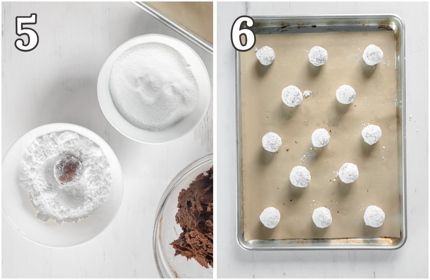 photo collage demonstrating how to roll chocolate peppermint cookie dough balls in sugar.