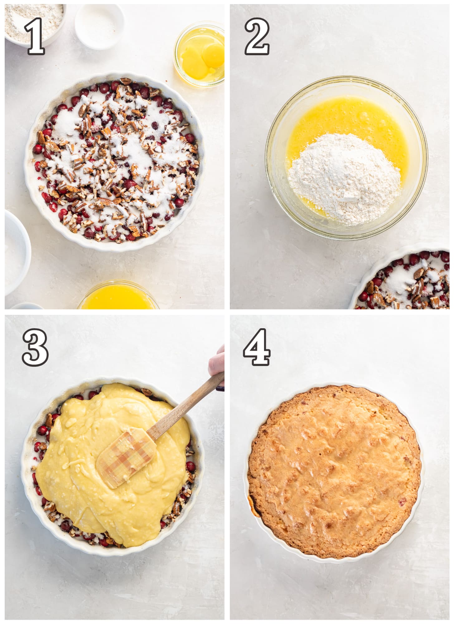 photo collage demonstrating how to make nantucket cranberry pie in a pie dish.