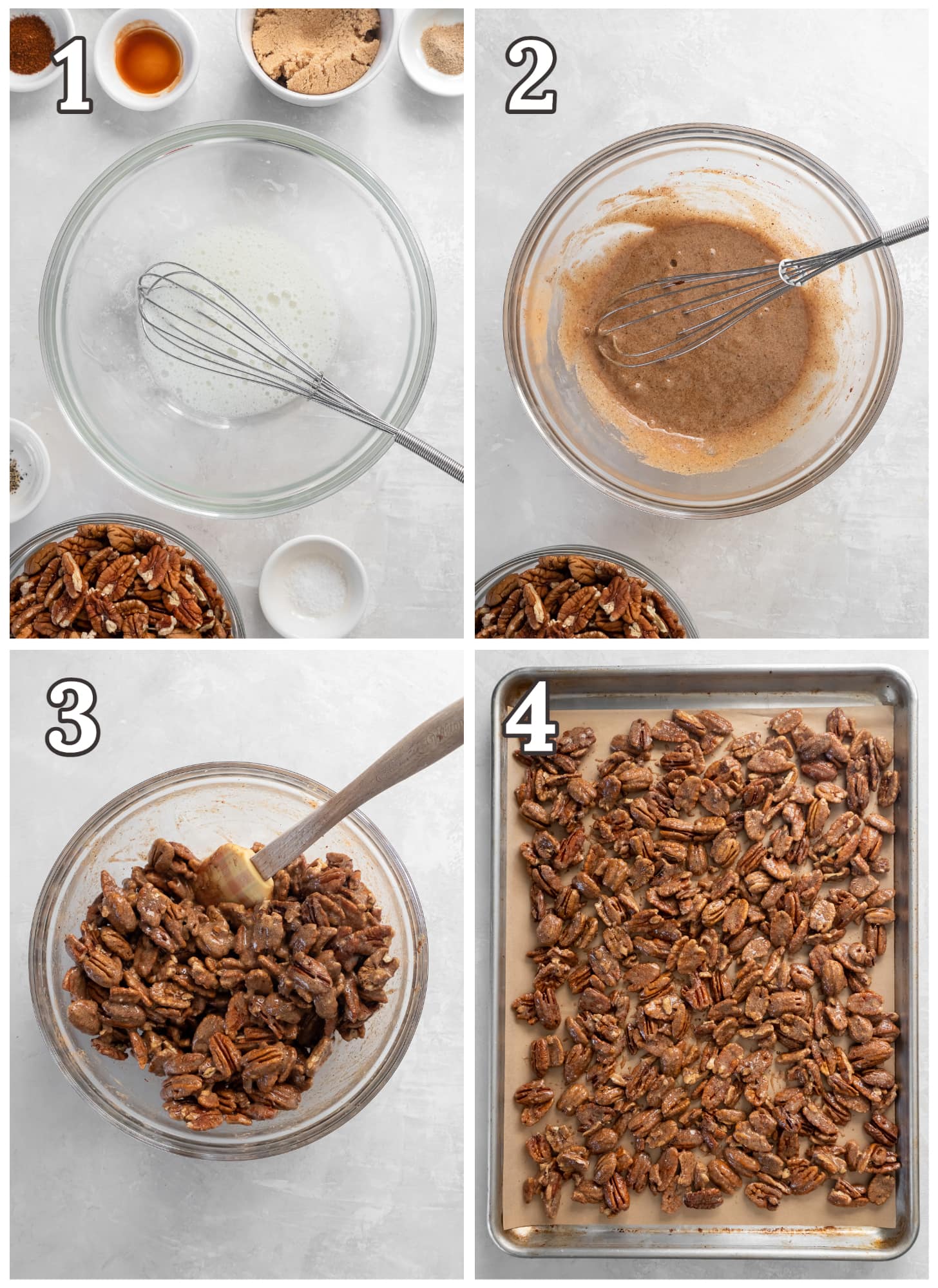photo collage demonstrating how to make spiced pecans.