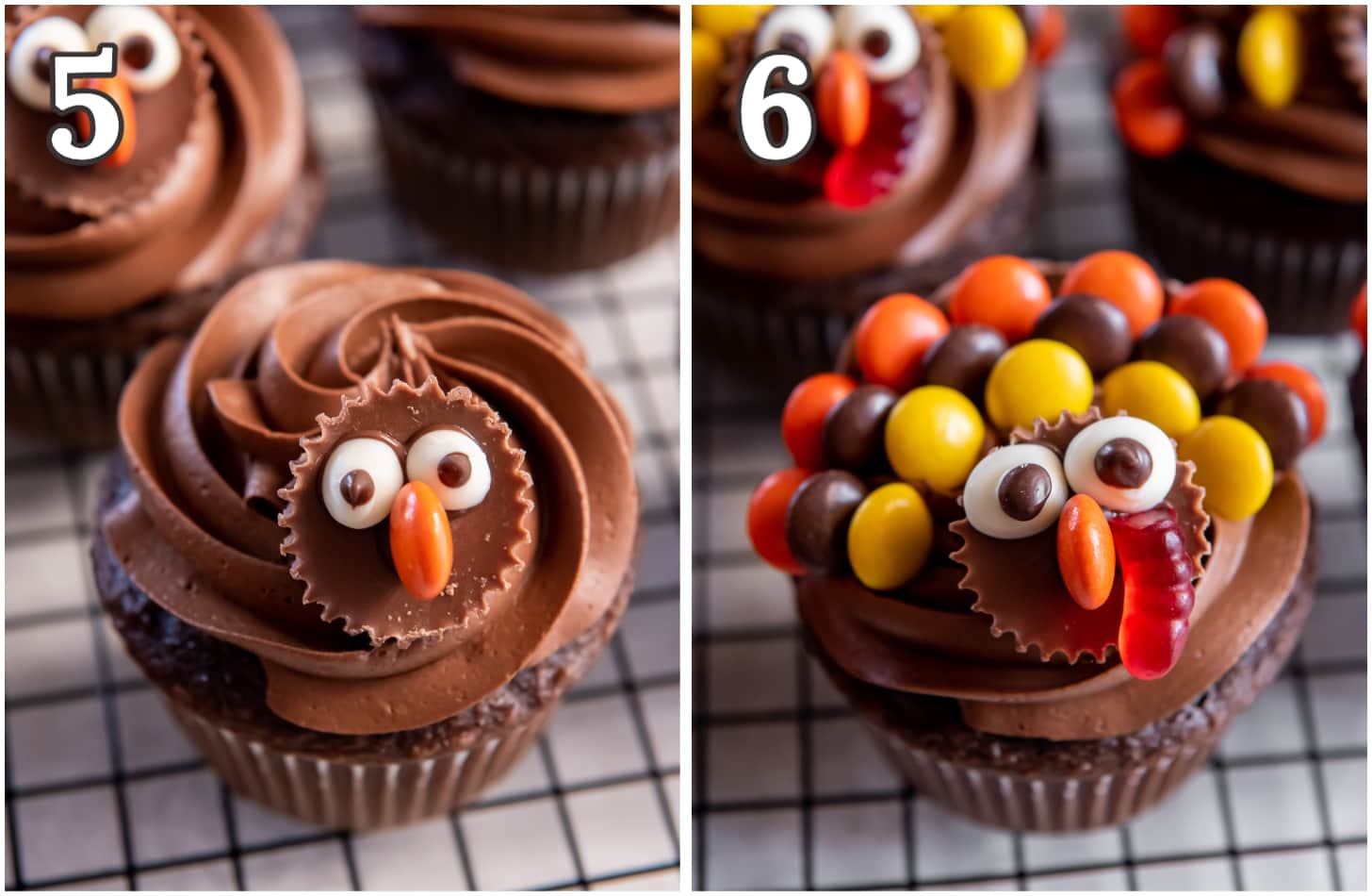 photo collage demonstrating how to decorate cupcakes to look like turkeys.