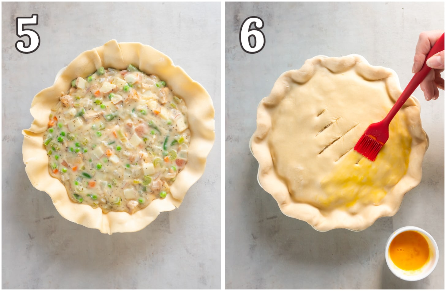 photo collage demonstrating how to add turkey pot pie filling to pie dish with crust.