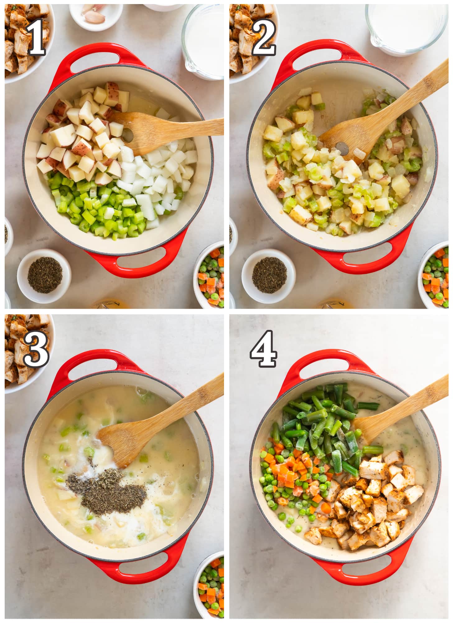 photo collage demonstrating how to make turkey pot pie filling in a dutch oven.