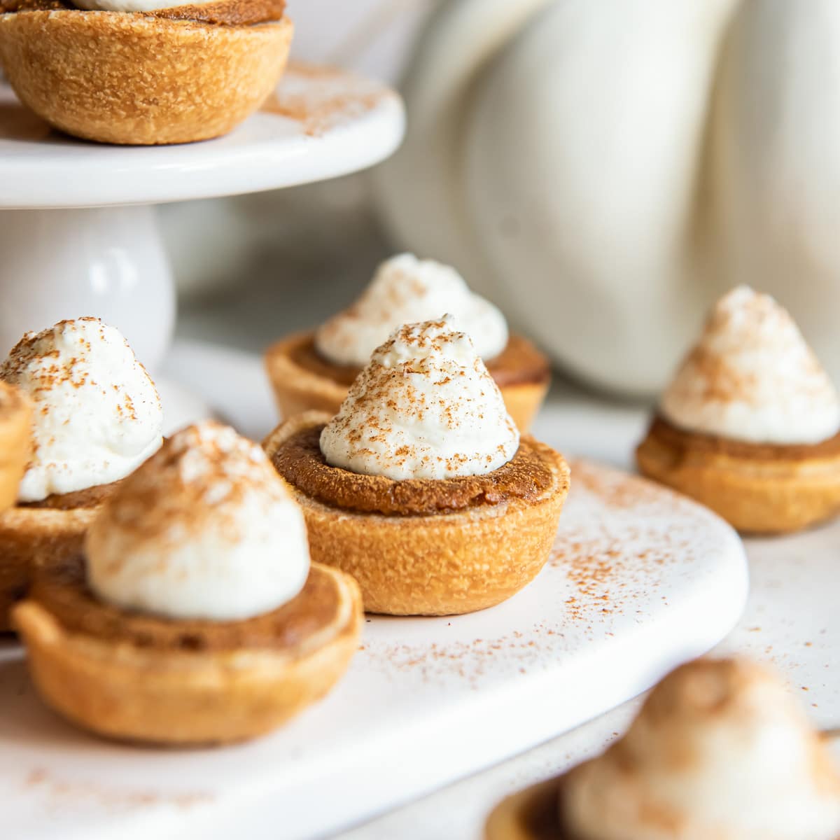 mini pumpkin pies with dollop of whipped cream and sprinkle of cinnamon.