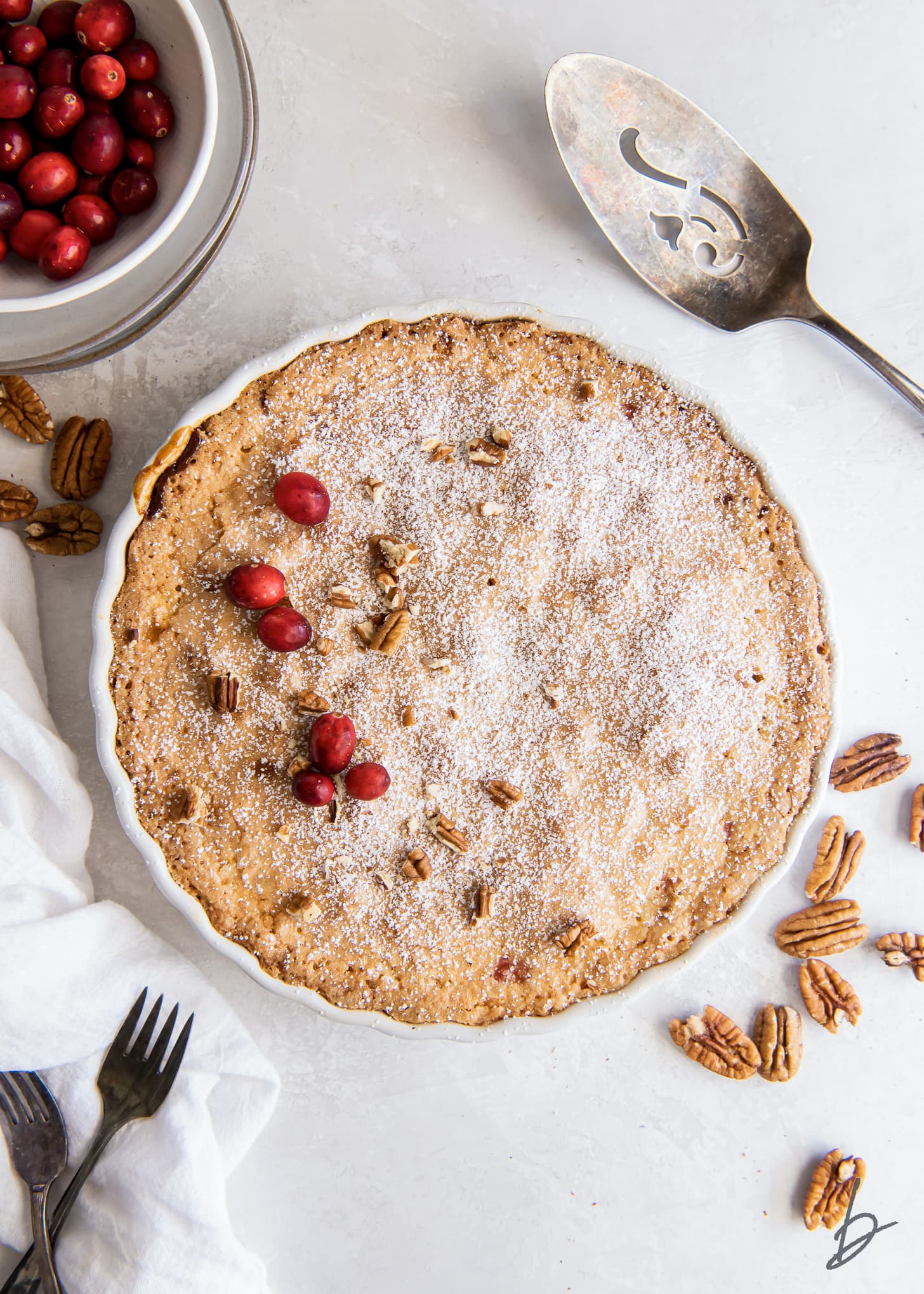 nantucket pit with a dusting of confectioners sugar and fresh cranberries.