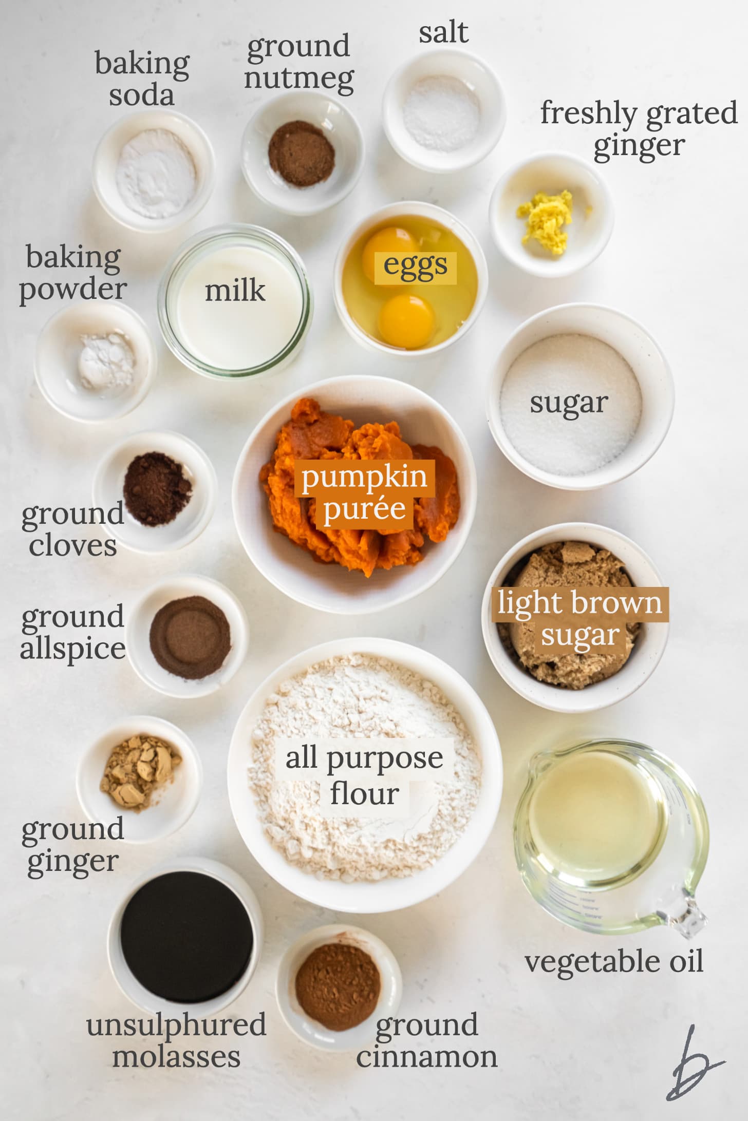 pumpkin gingerbread ingredients in bowls labeled with text.
