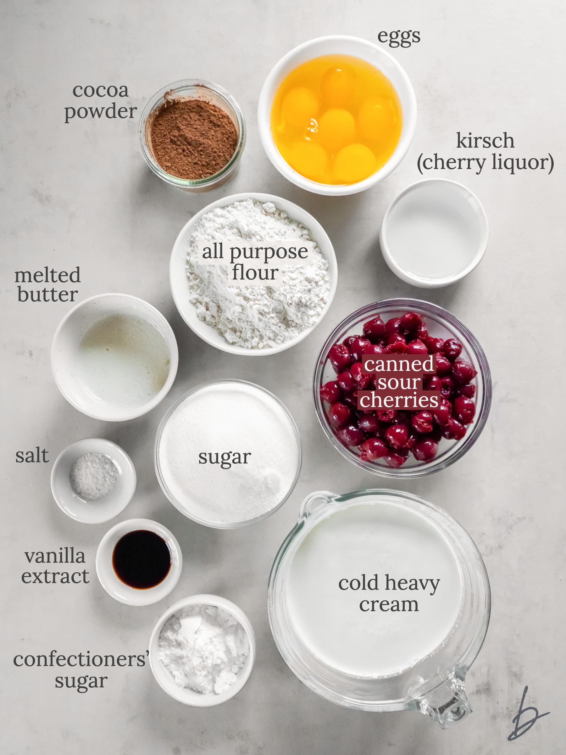 authentic black forest cake ingredients in bowls labeled with text.