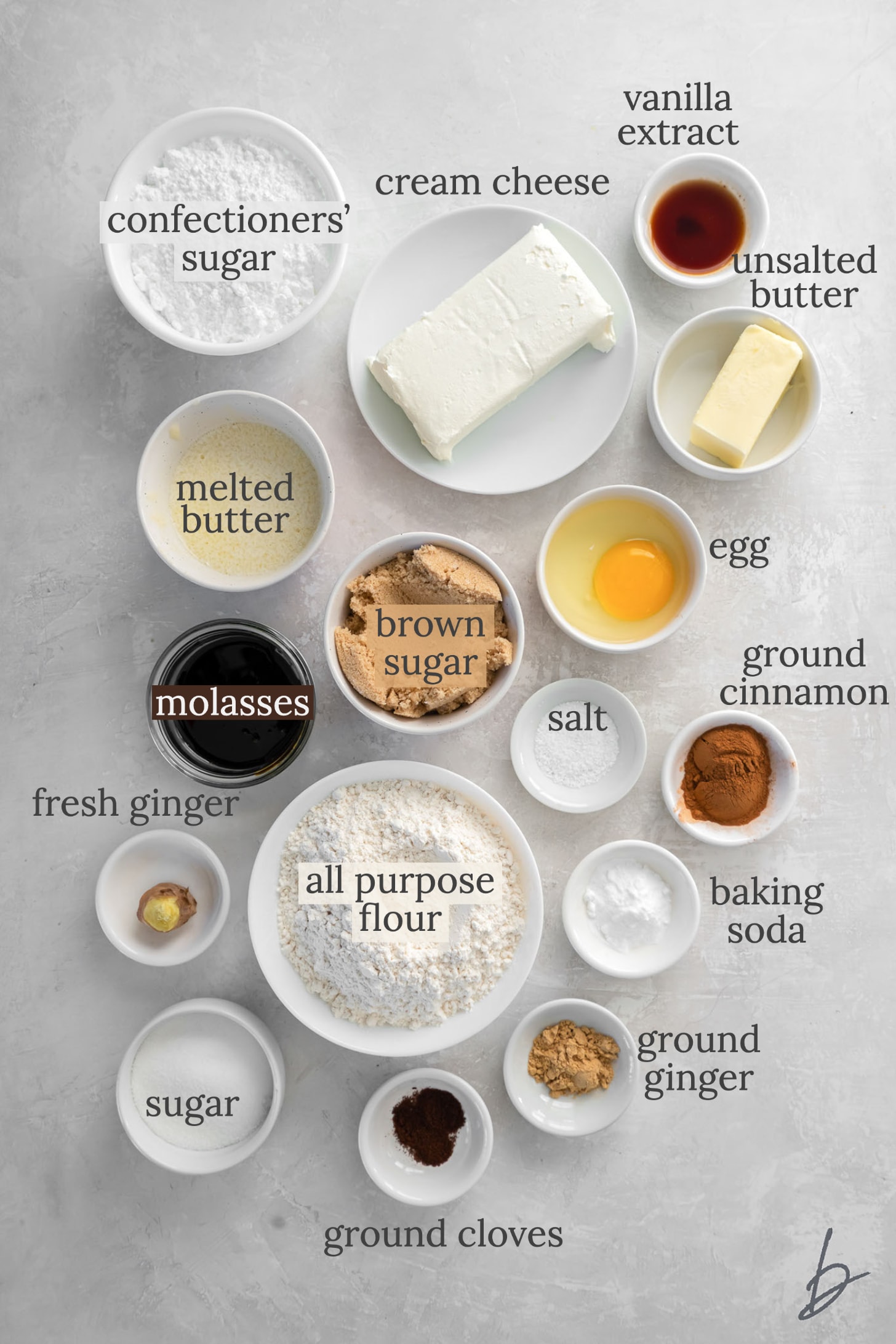 gingerbread cookie bar ingredients in bowls with text.