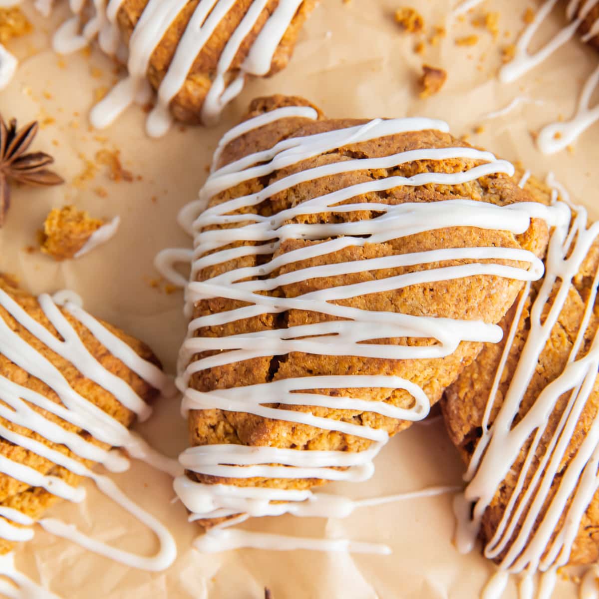 gingerbread scone with maple glaze drizzle.