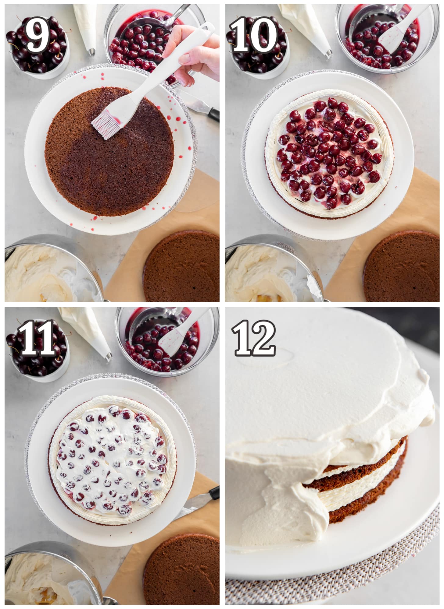 photo collage demonstrating how to assemble and layer black forest cake with kirsch cherry filling and whipped cream.