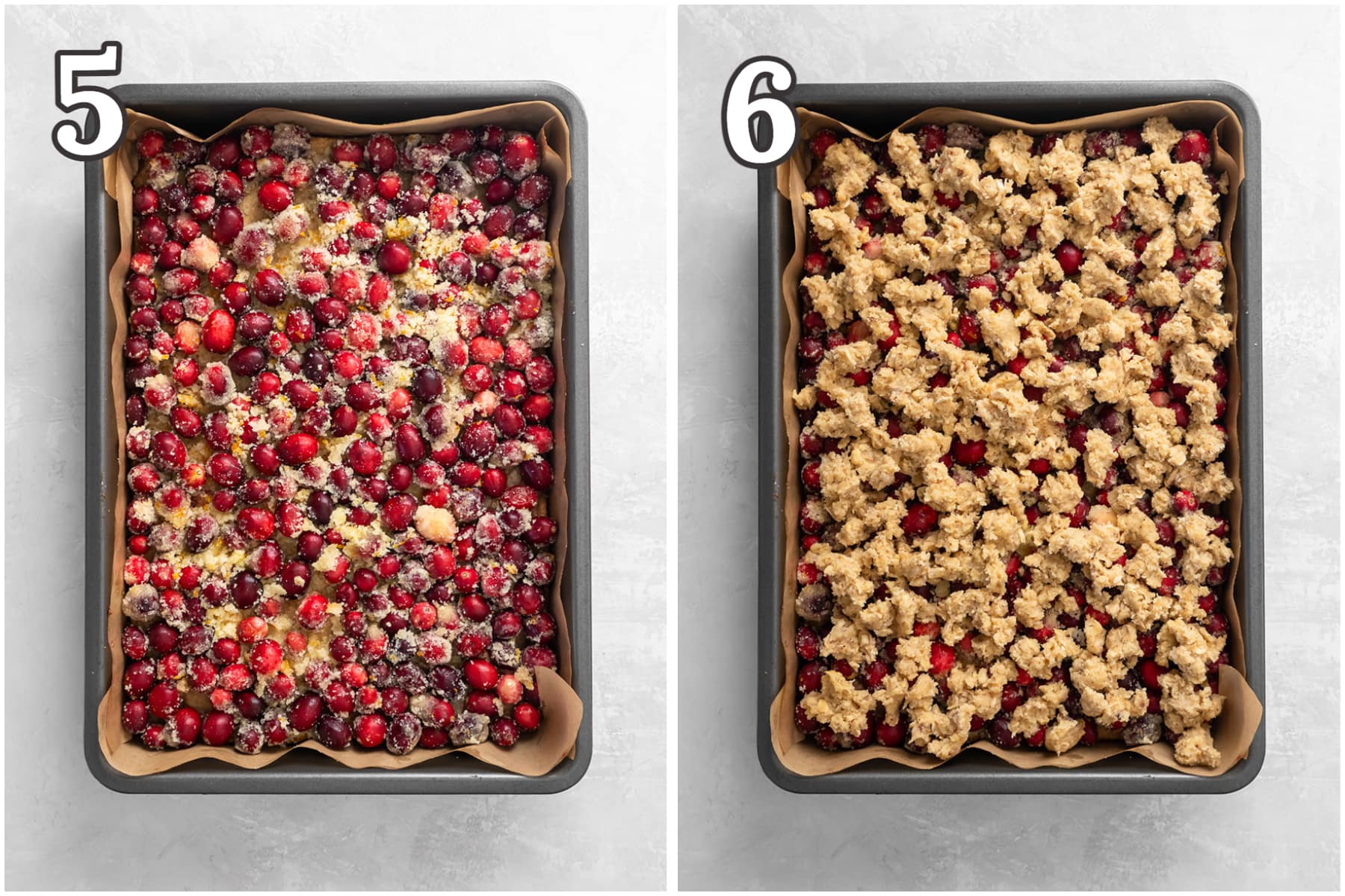 photo collage demonstrating how to assemble cranberry crumble bars in a 9x13 baking pan.