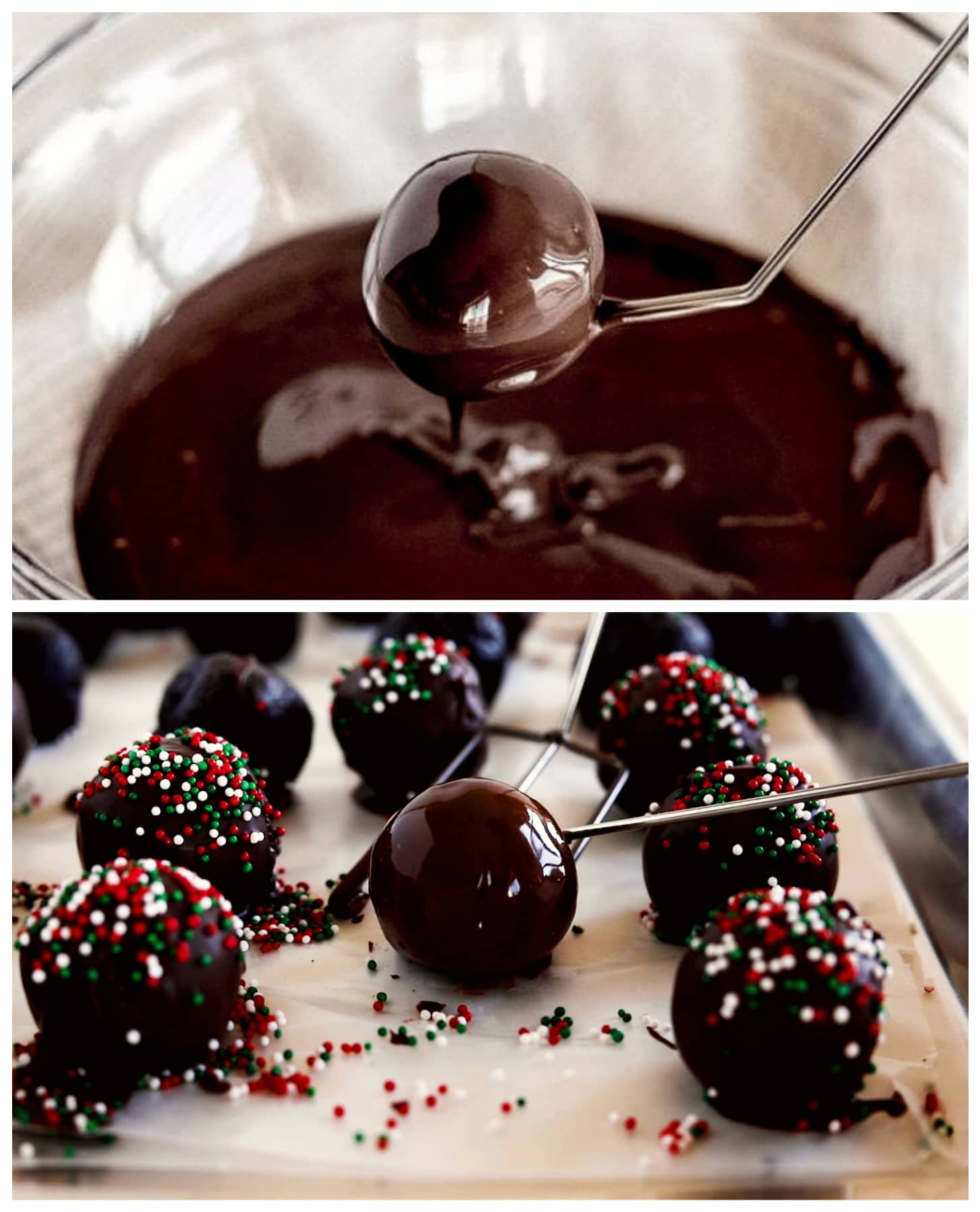 photo collage demonstrating how to dip oreo truffles in chocolate.