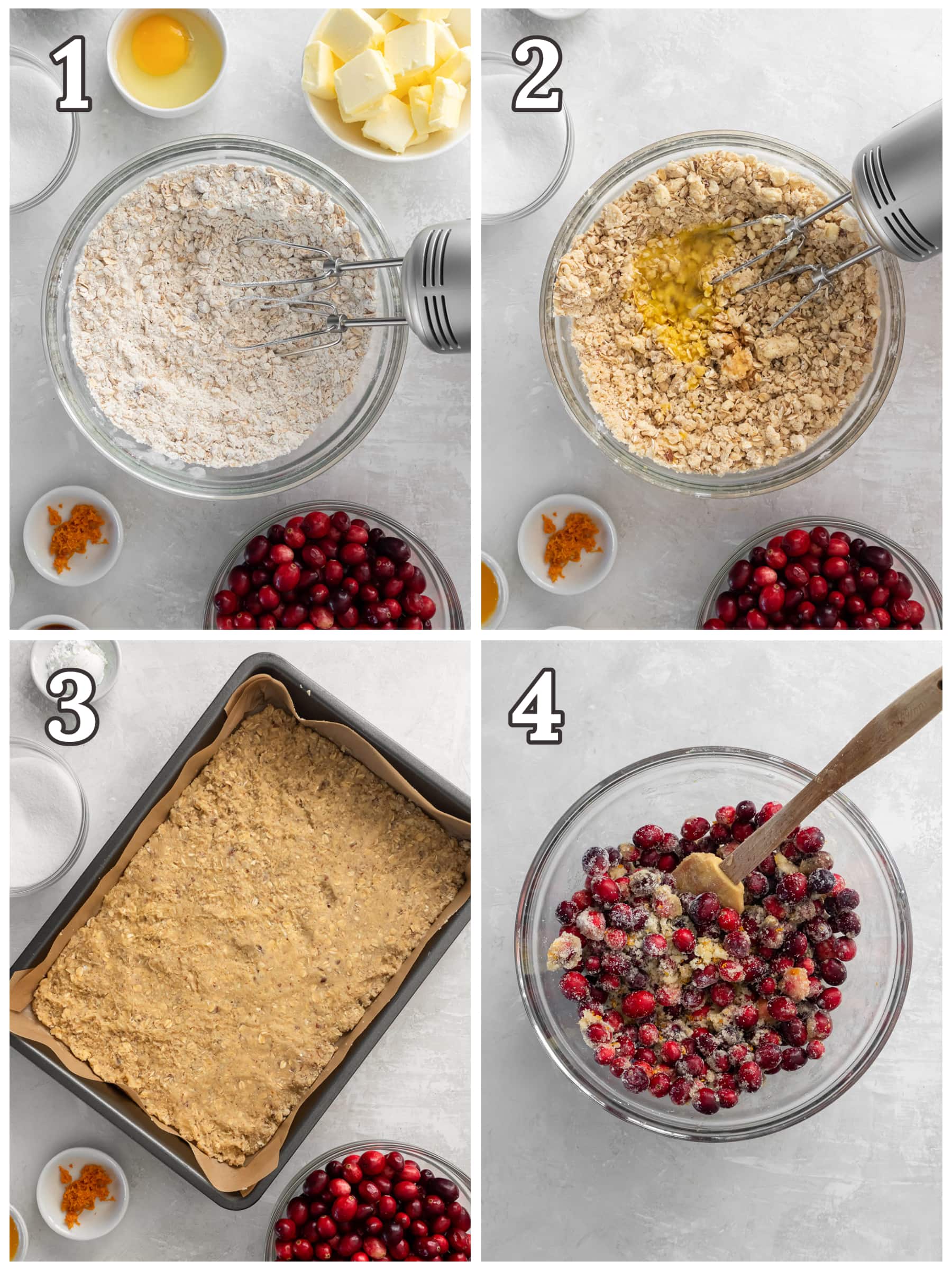 photo collage demonstrating how to make cranberry crumble bars in a mixing bowl.