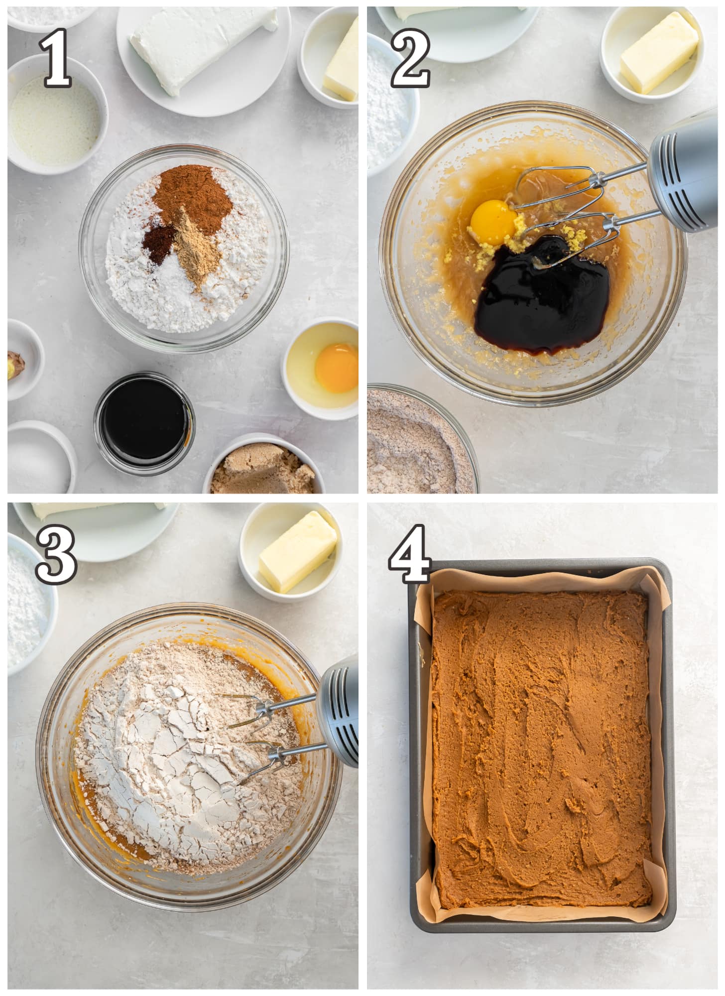 photo collage demonstrating how to make gingerbread cookie bars dough in mixing bowl.