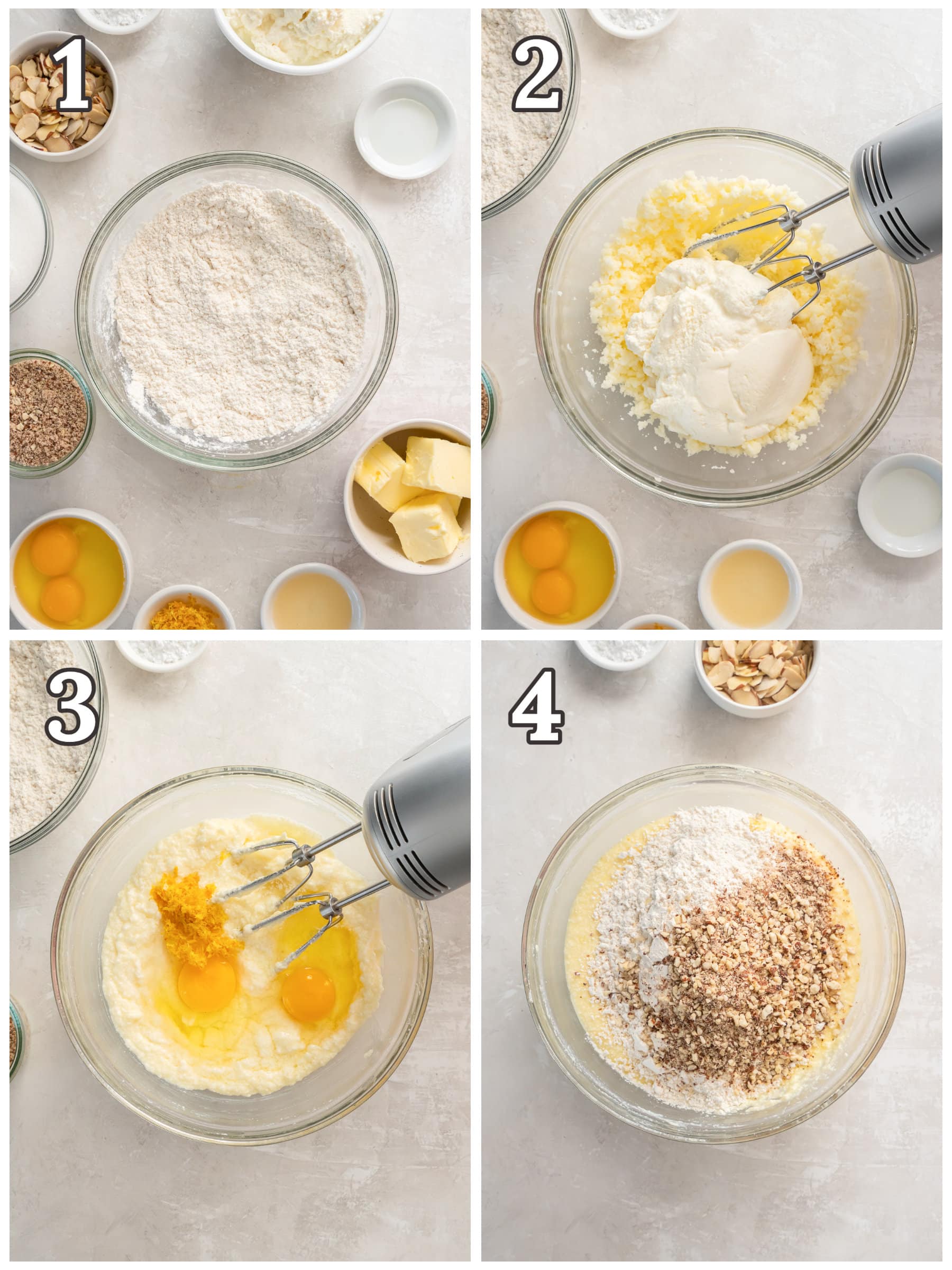 photo collage demonstrating how to make lemon ricotta cake in a mixing bowl.