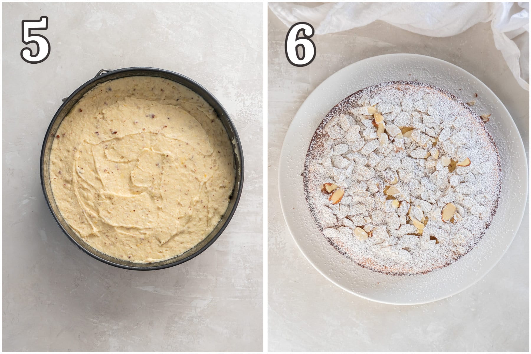 photo collage demonstrating how to make a lemon ricotta cake in a cake pan.