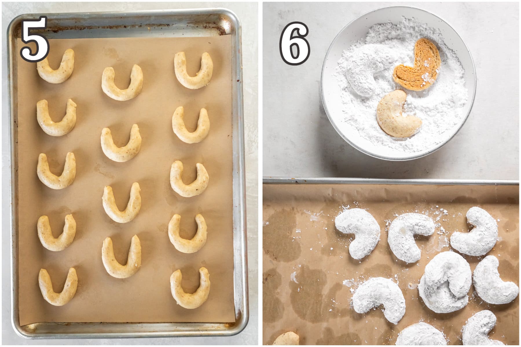 two photo collage demonstrating how to shape kipferl cookies and coat them in confectioners' sugar.