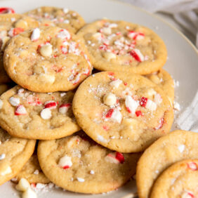 plate of white chocolate chip peppermint cookies.