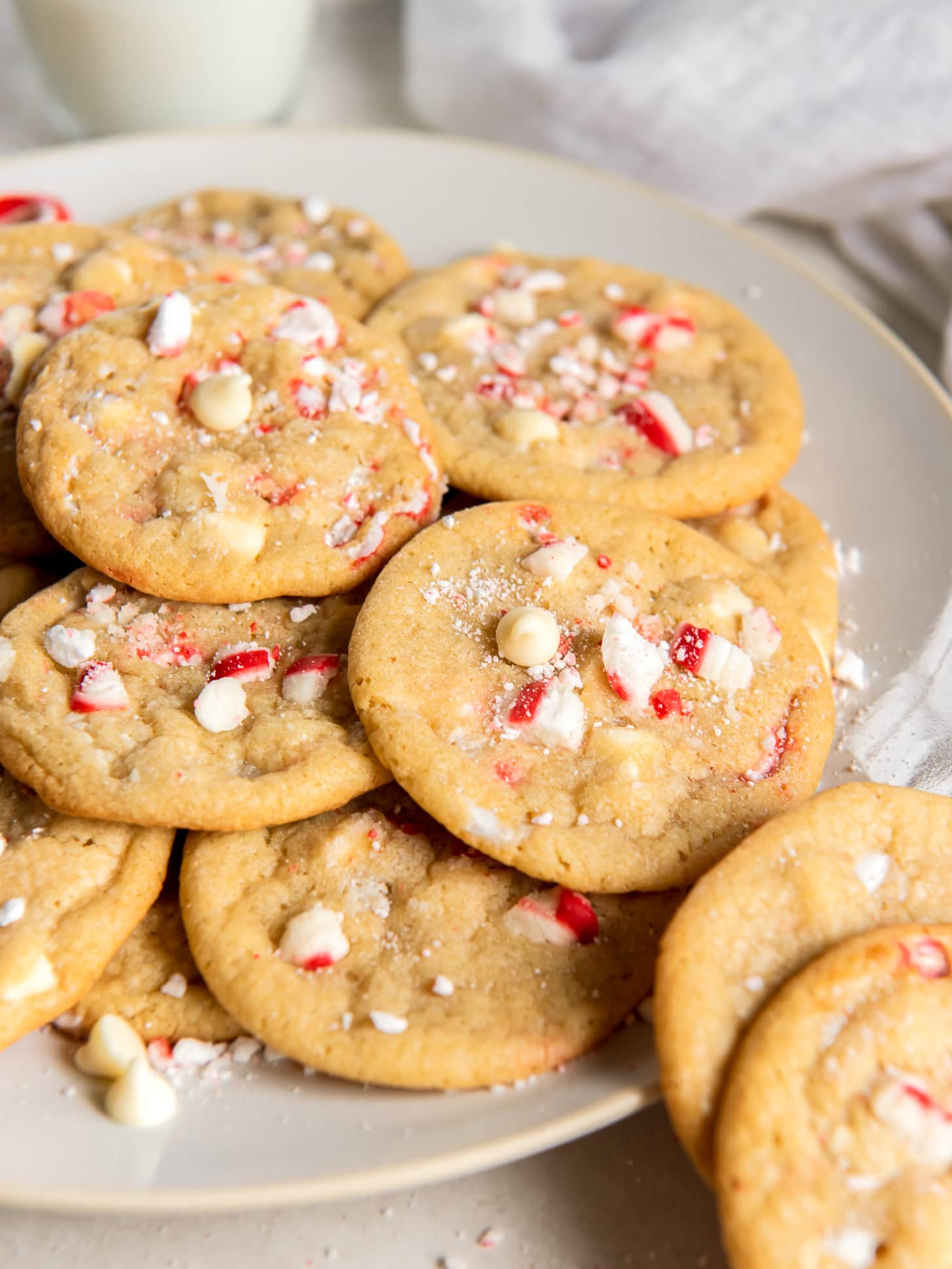 plate of white chocolate chip peppermint cookies.
