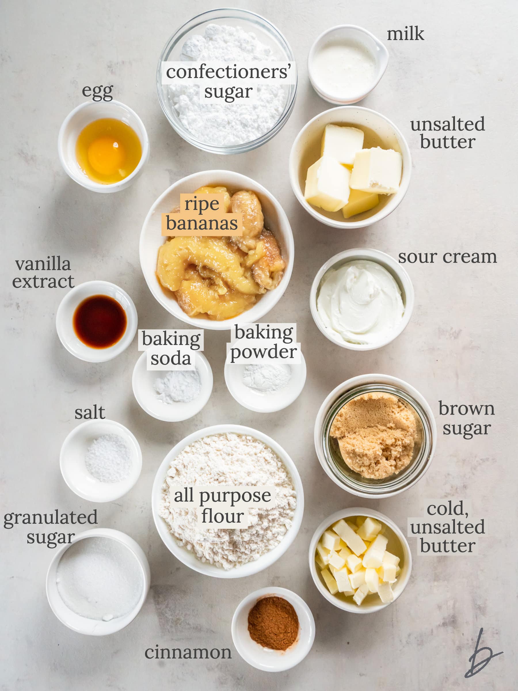 banana coffee cake ingredients in bowls labeled with text.