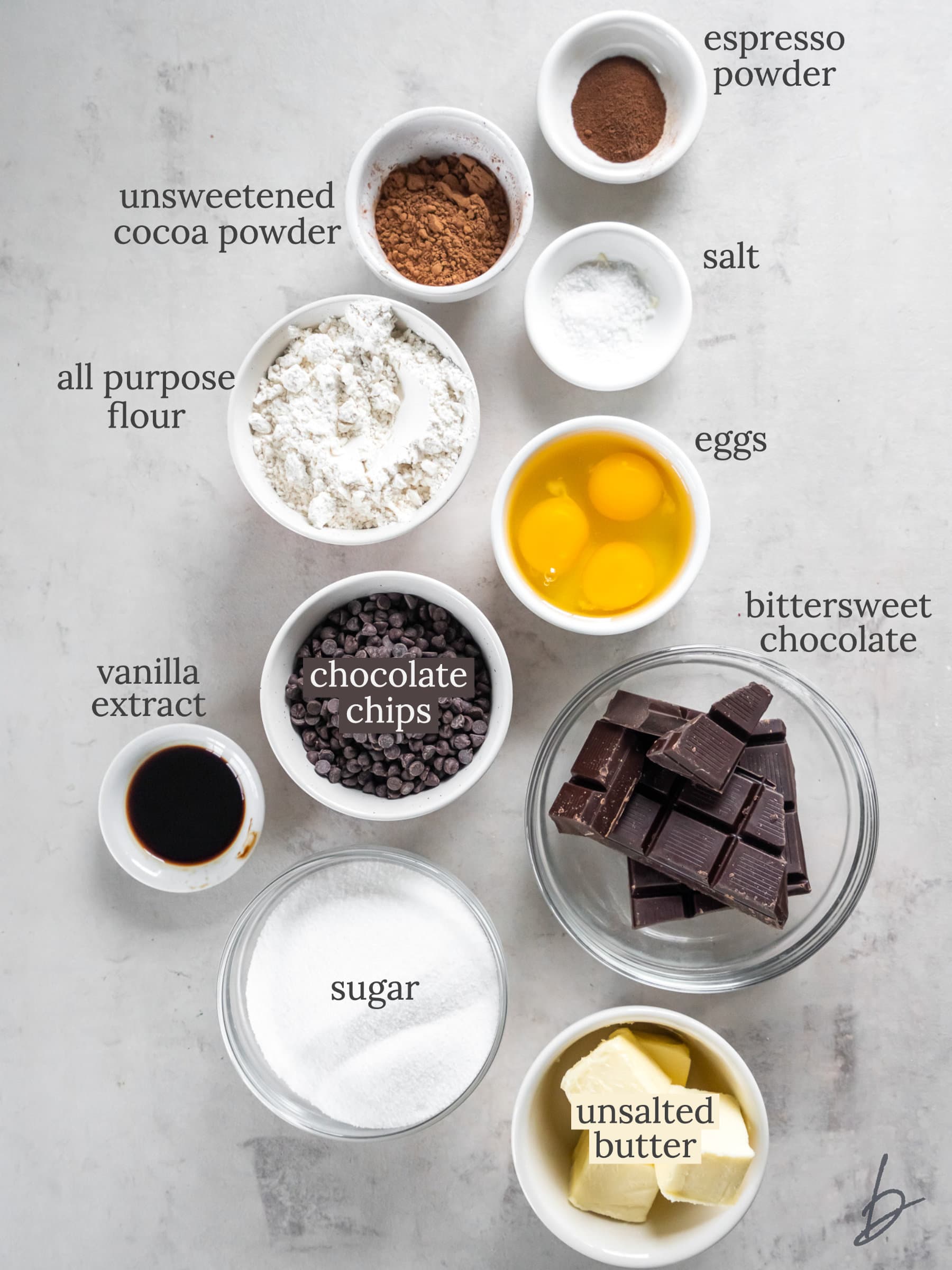 brownies ingredients in bowls labeled with text.