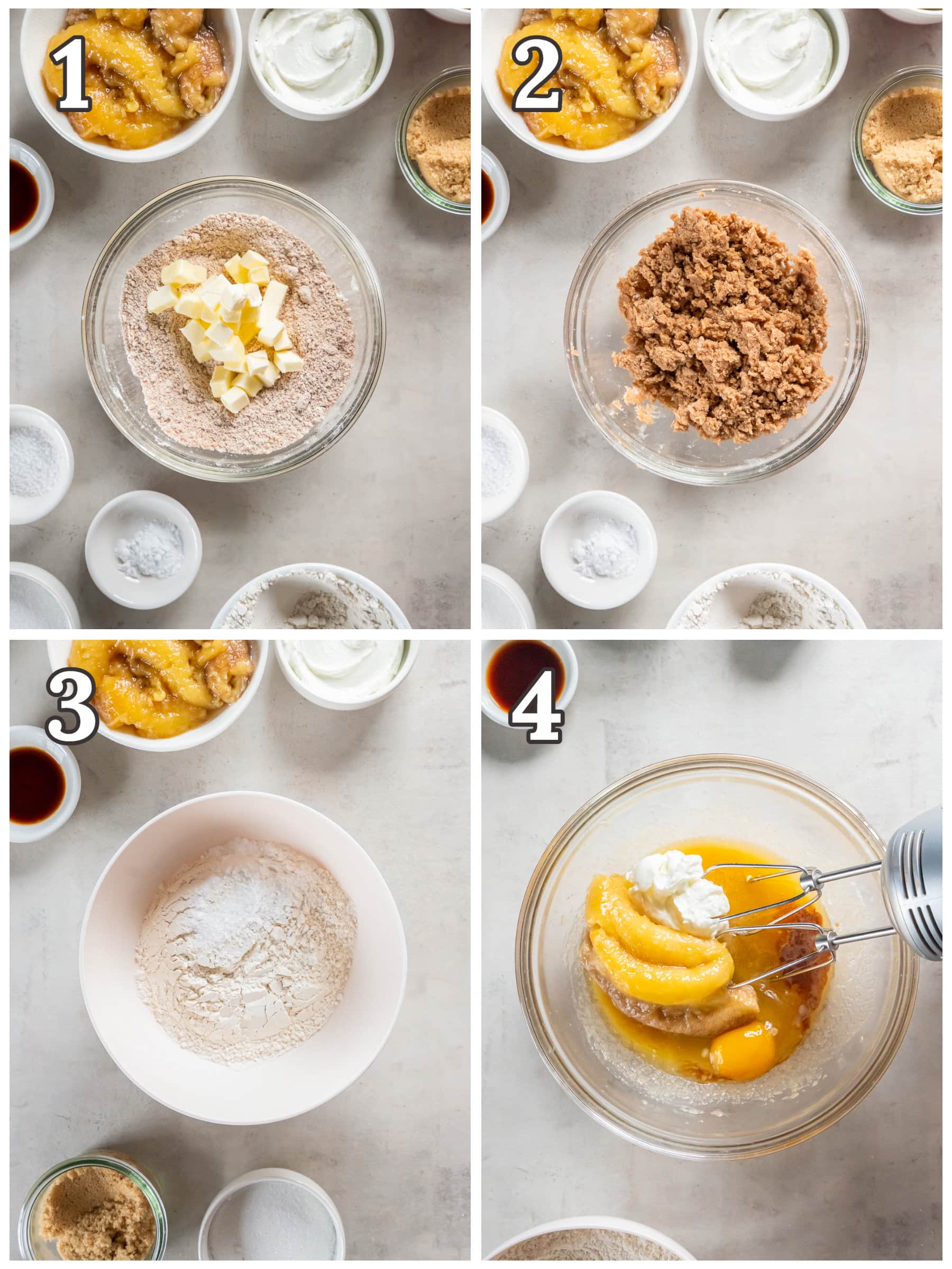 photo collage demonstrating how to make banana coffee cake in a mixing bowl.