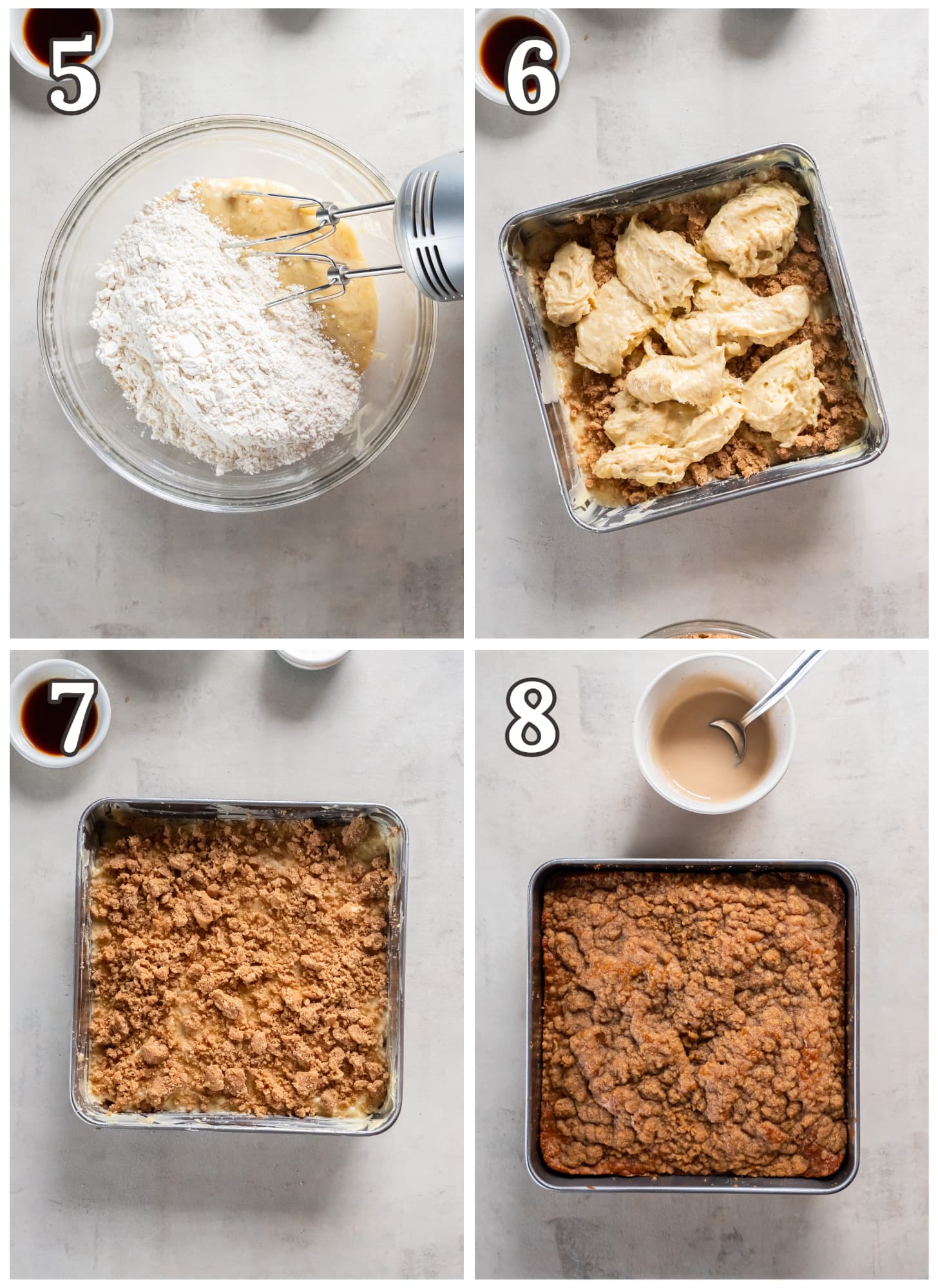 photo collage demonstrating how to make banana coffee cake in an 8x8 baking pan.