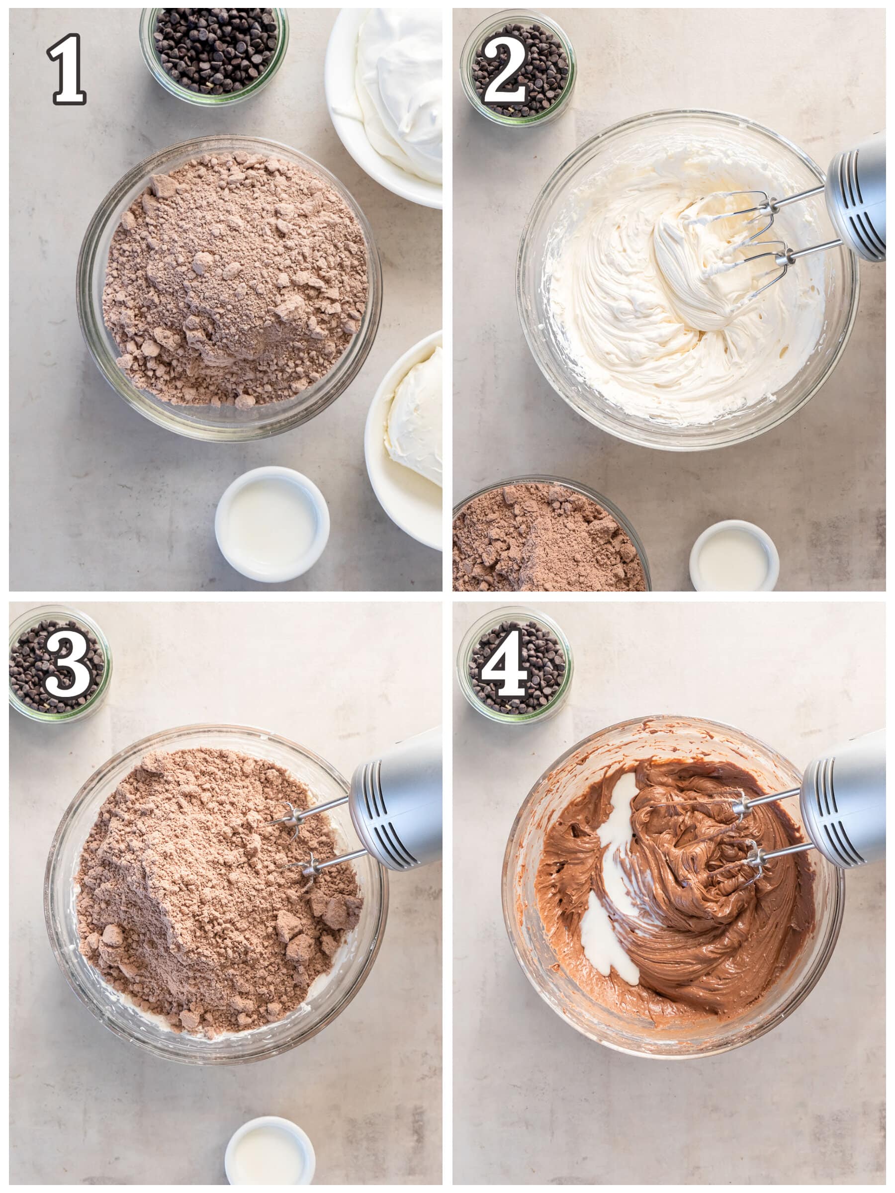 photo collage demonstrating how to make brownie batter dip with a hand mixer.