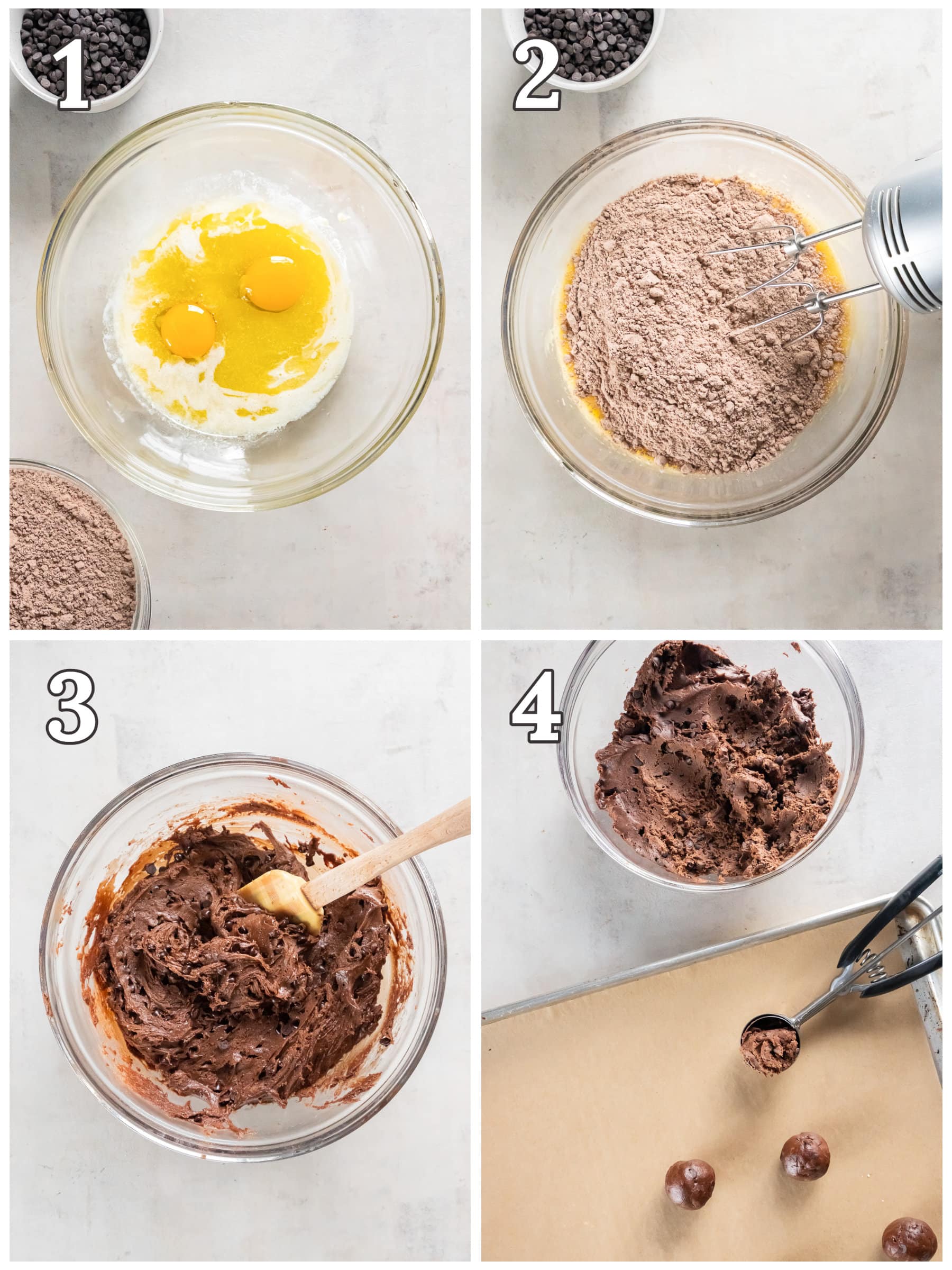 photo collage demonstrating how to make chocolate cake mix cookies in a mixing bowl.