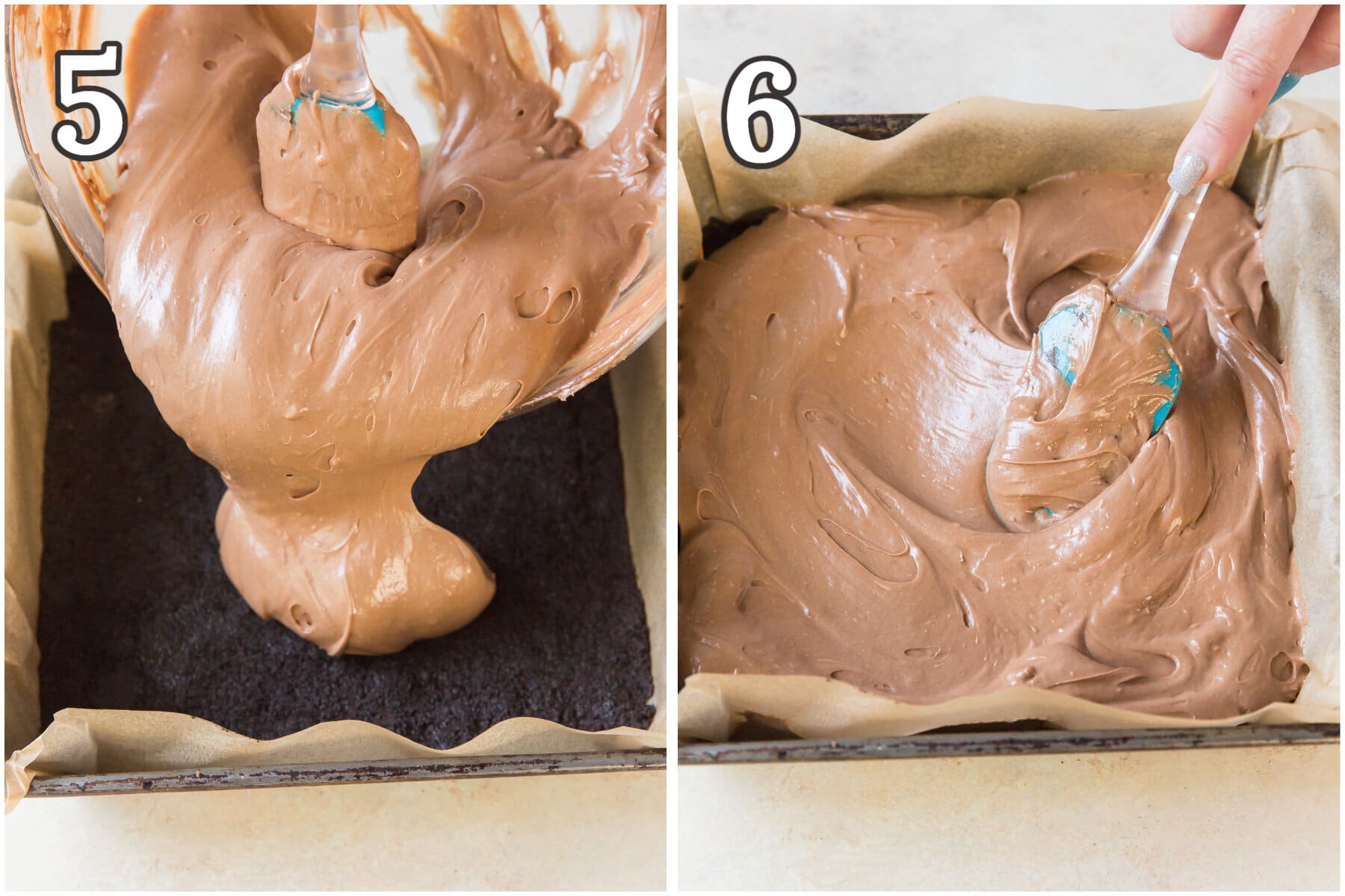 photo collage demonstrating how to make chocolate cheesecake bars in 8x8 baking pan.