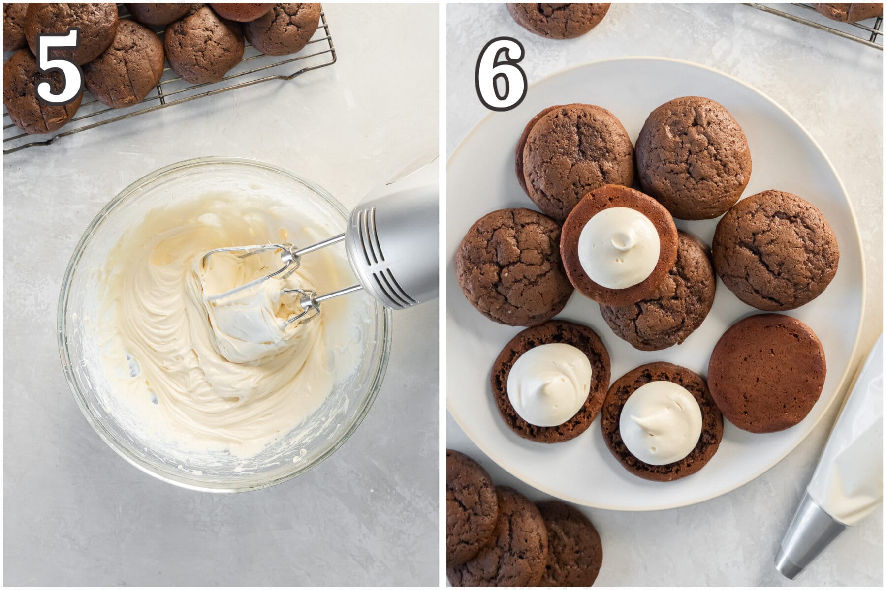 photo collage demonstrating how to make cream cheese filling for chocolate whoopie pies.