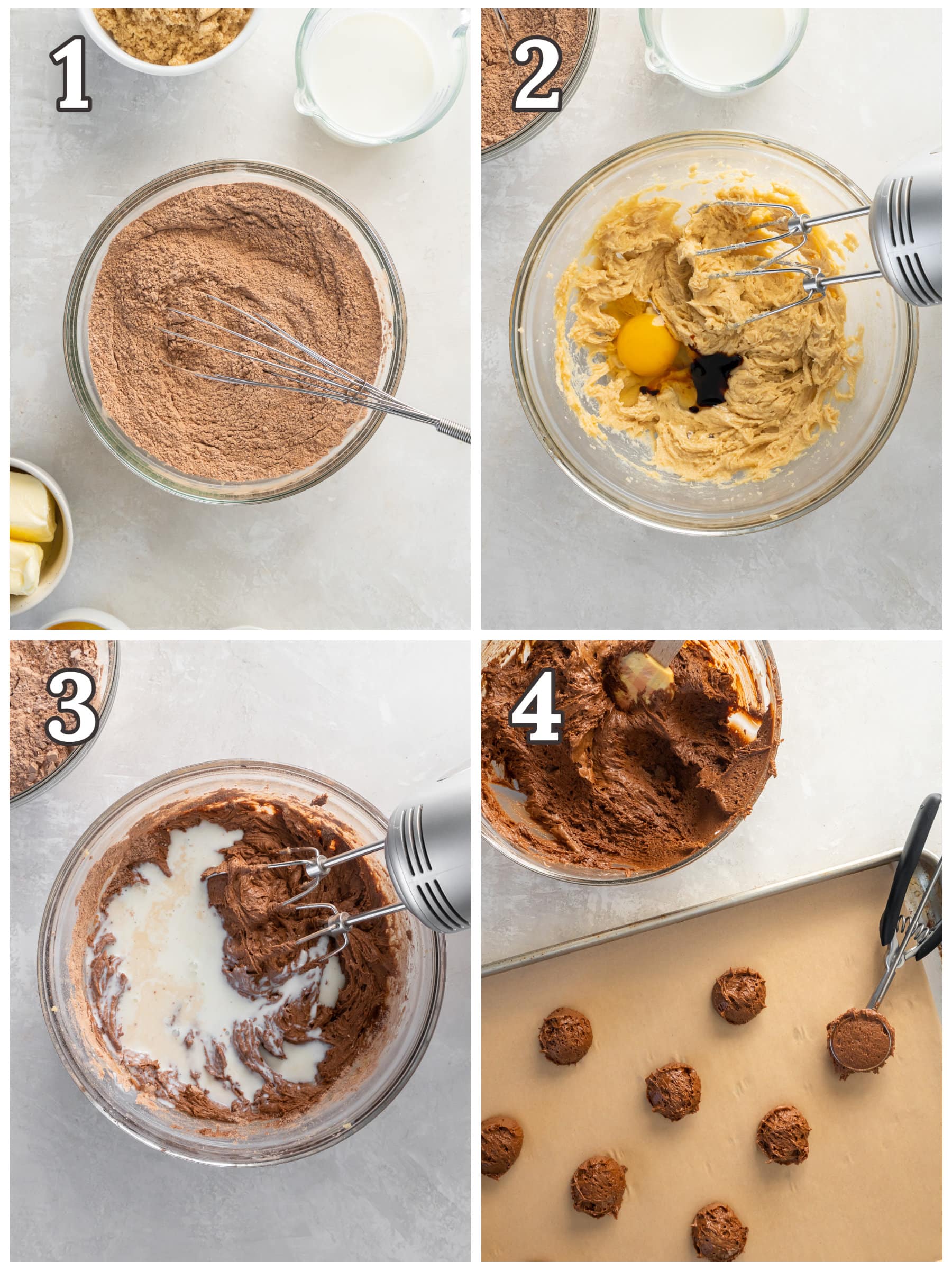photo collage demonstrating how to make chocolate whoopie pies in a mixing bowl.
