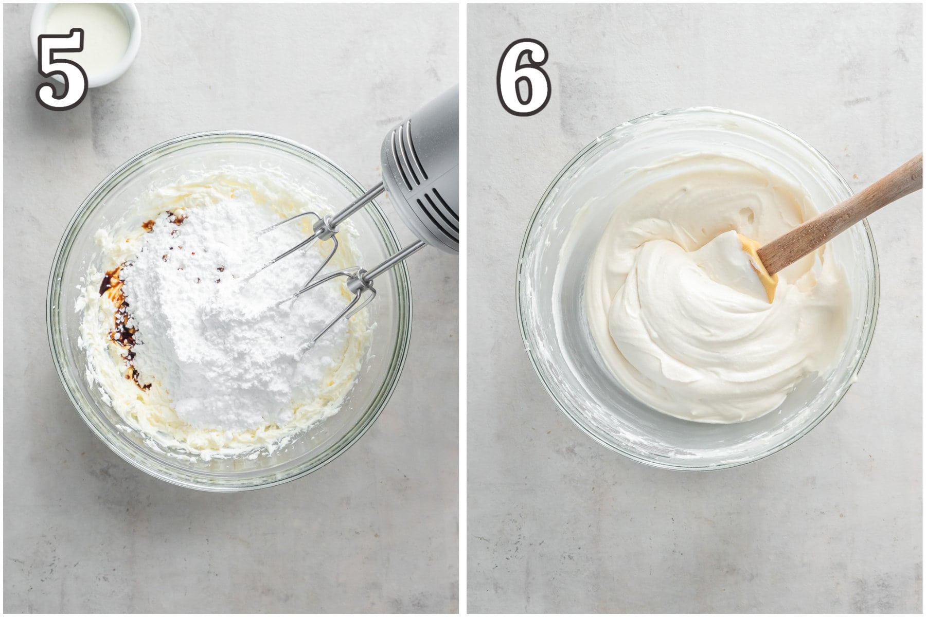 photo collage demonstrating how to make cream cheese frosting.