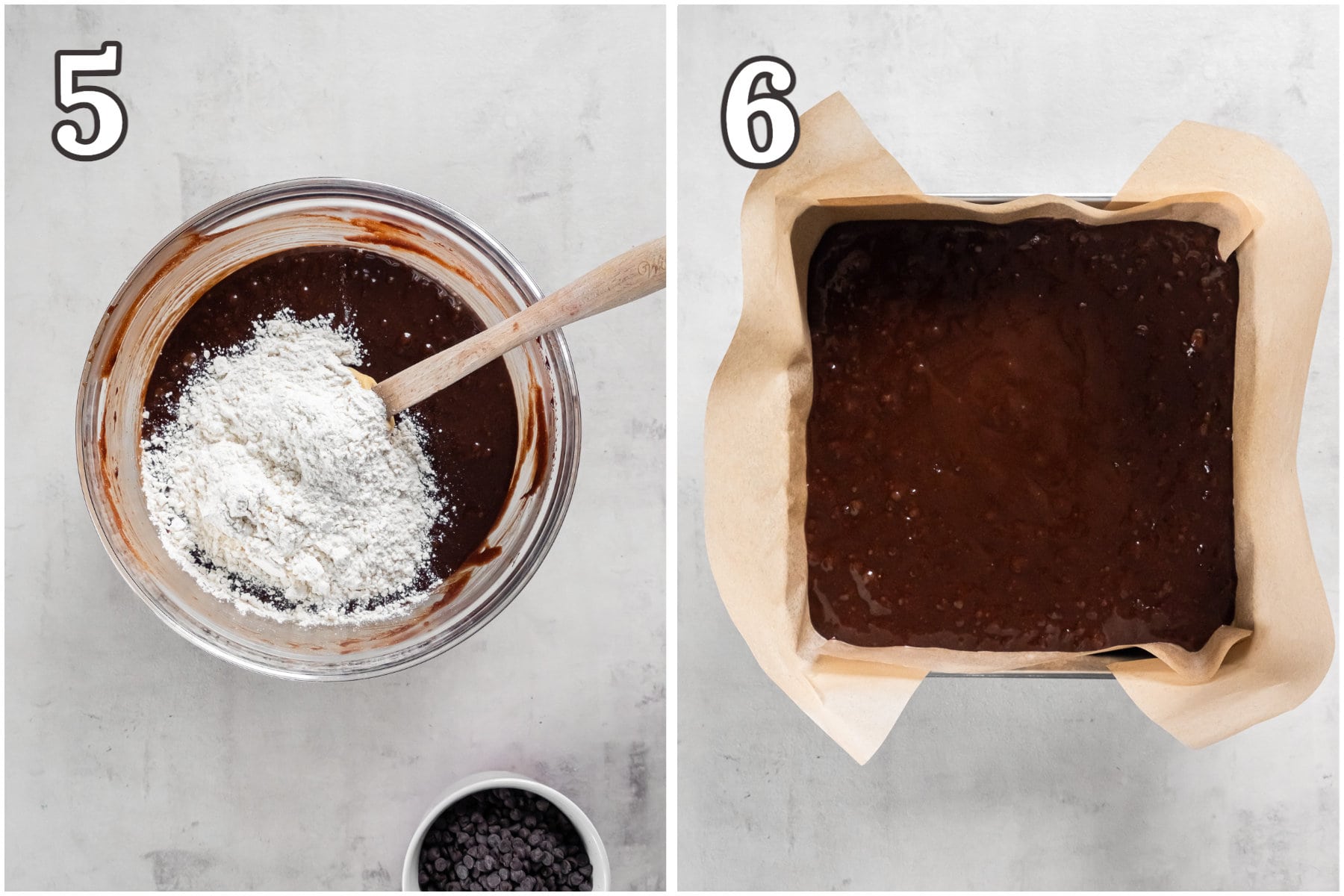 photo collage demonstrating how to add flour to brownie batter and transfer to 8x8 pan.