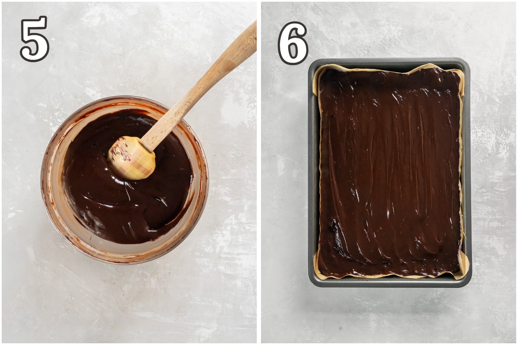 photo collage demonstrating how to make chocolate ganache topping for millionaire bars.