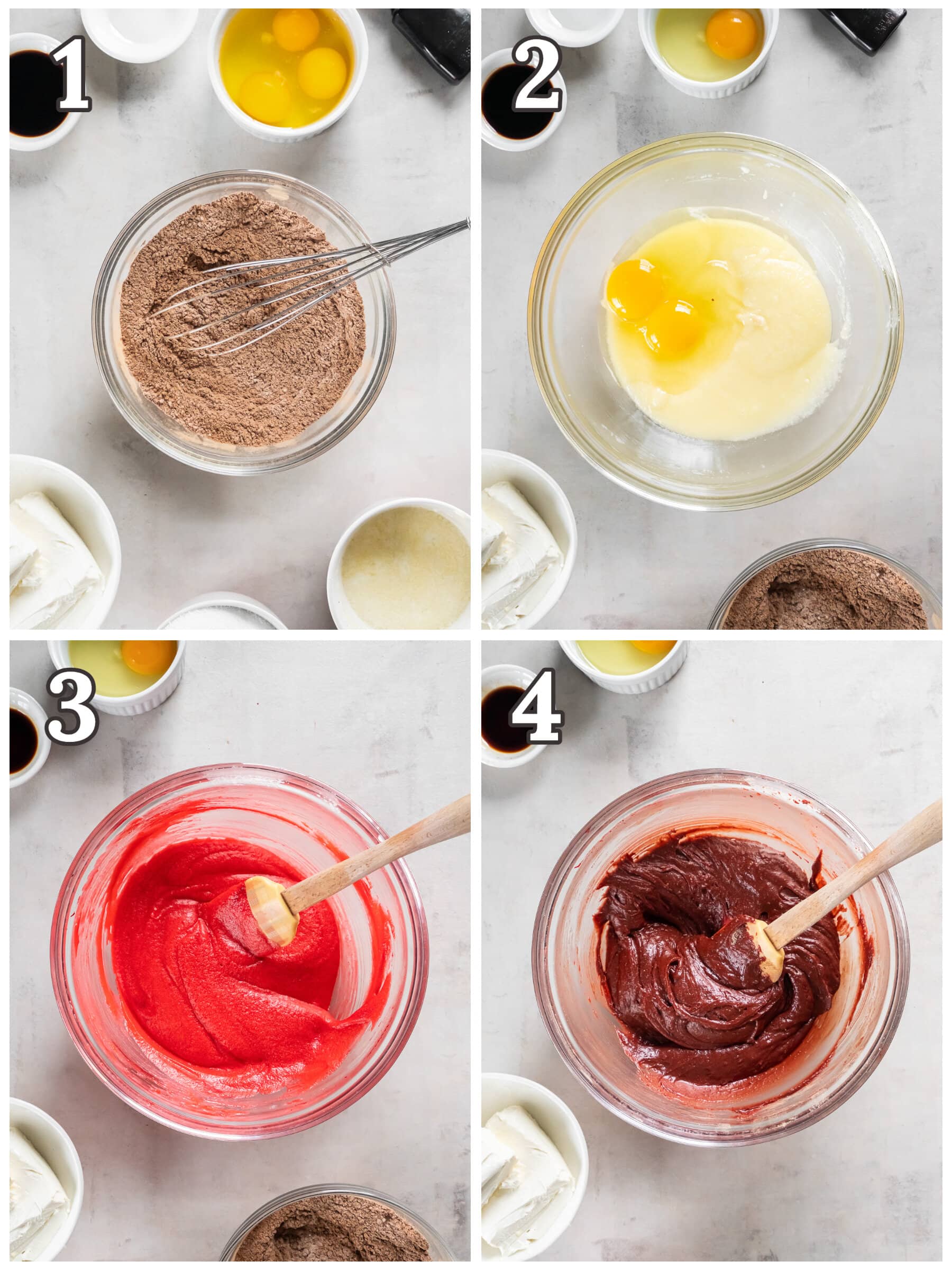 photo collage demonstrating how to make red velvet brownies in a mixing bowl.
