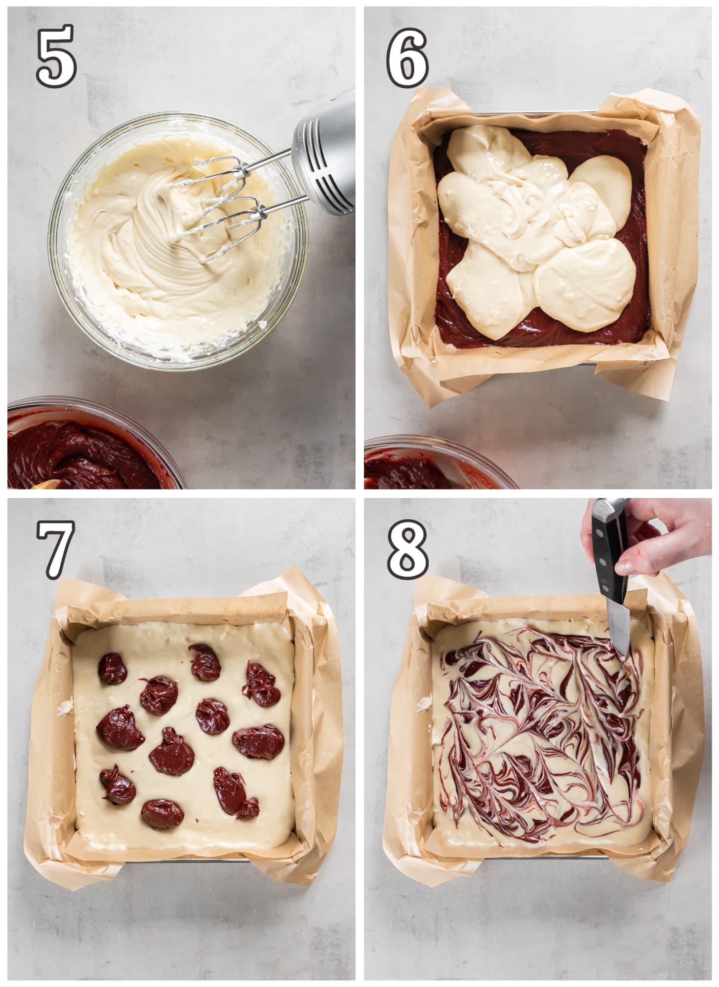 photo collage demonstrating how to make cheesecake topping for red velvet brownies in an 8x8 pan.