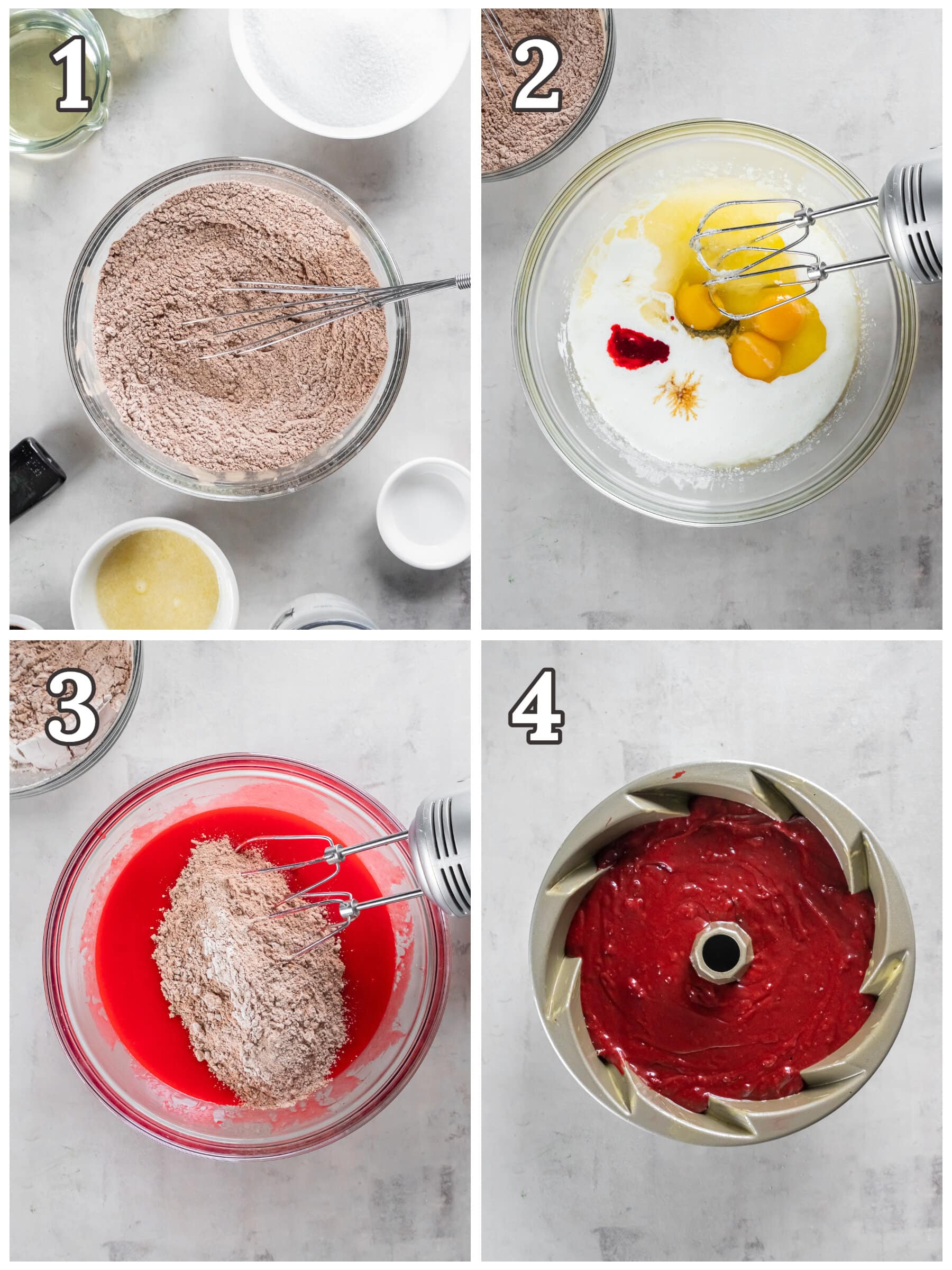 photo collage demonstrating how to make red velvet pound cake in a mixing bowl and bundt cake pan.