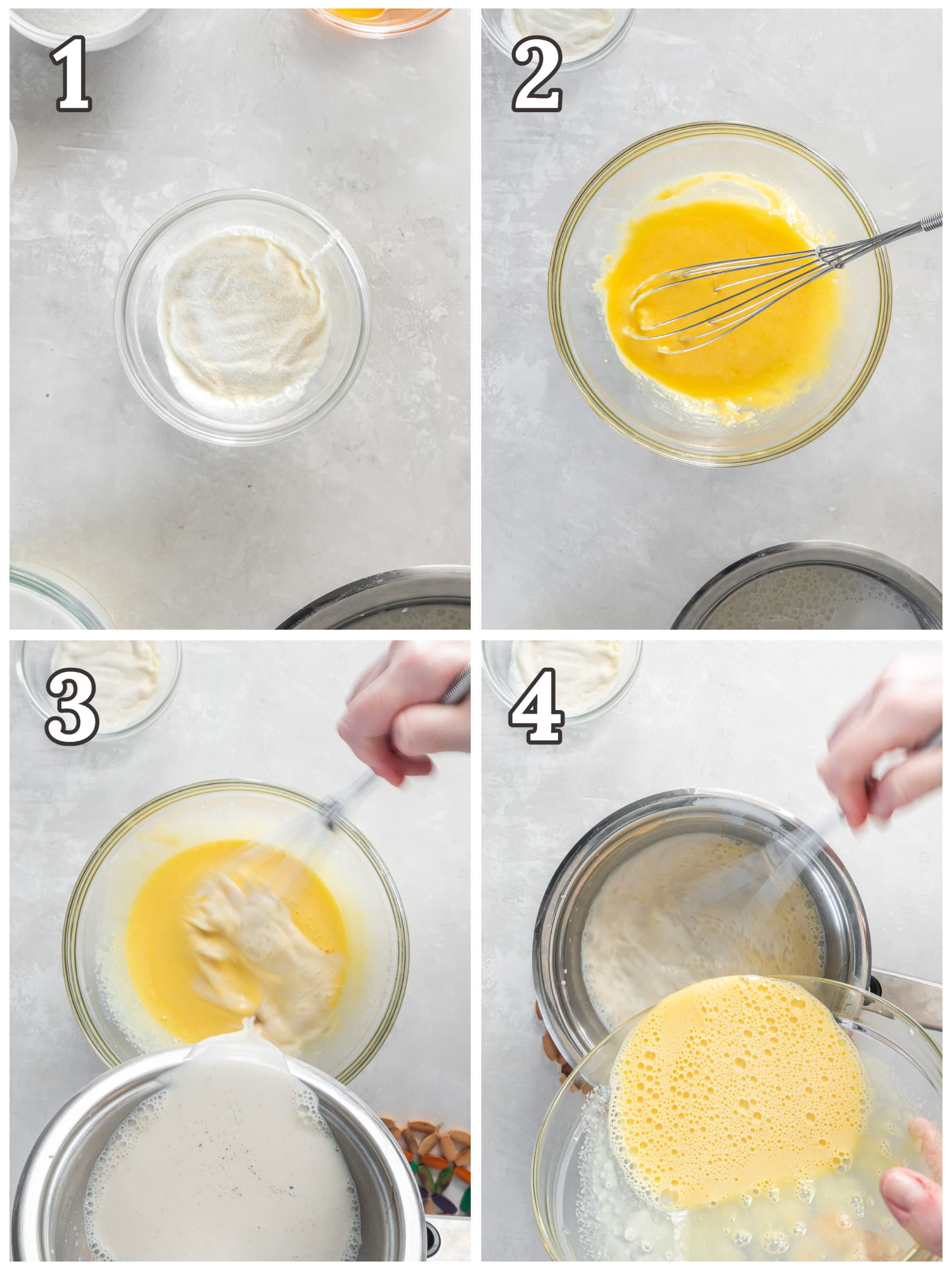 photo collage demonstrating how to make vanilla mousse in a saucepan.