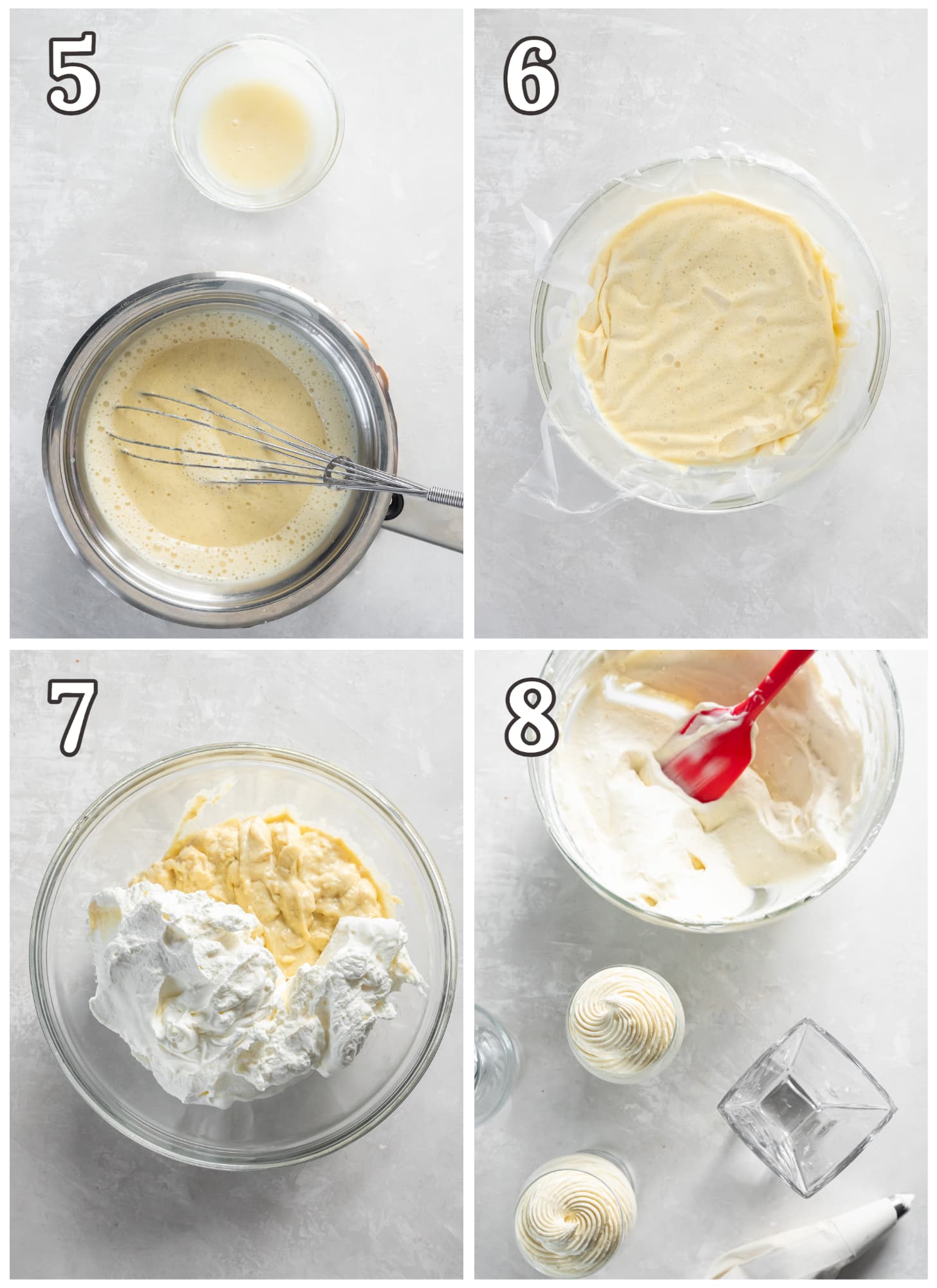 photo collage demonstrating how to make vanilla mousse with whipped cream.