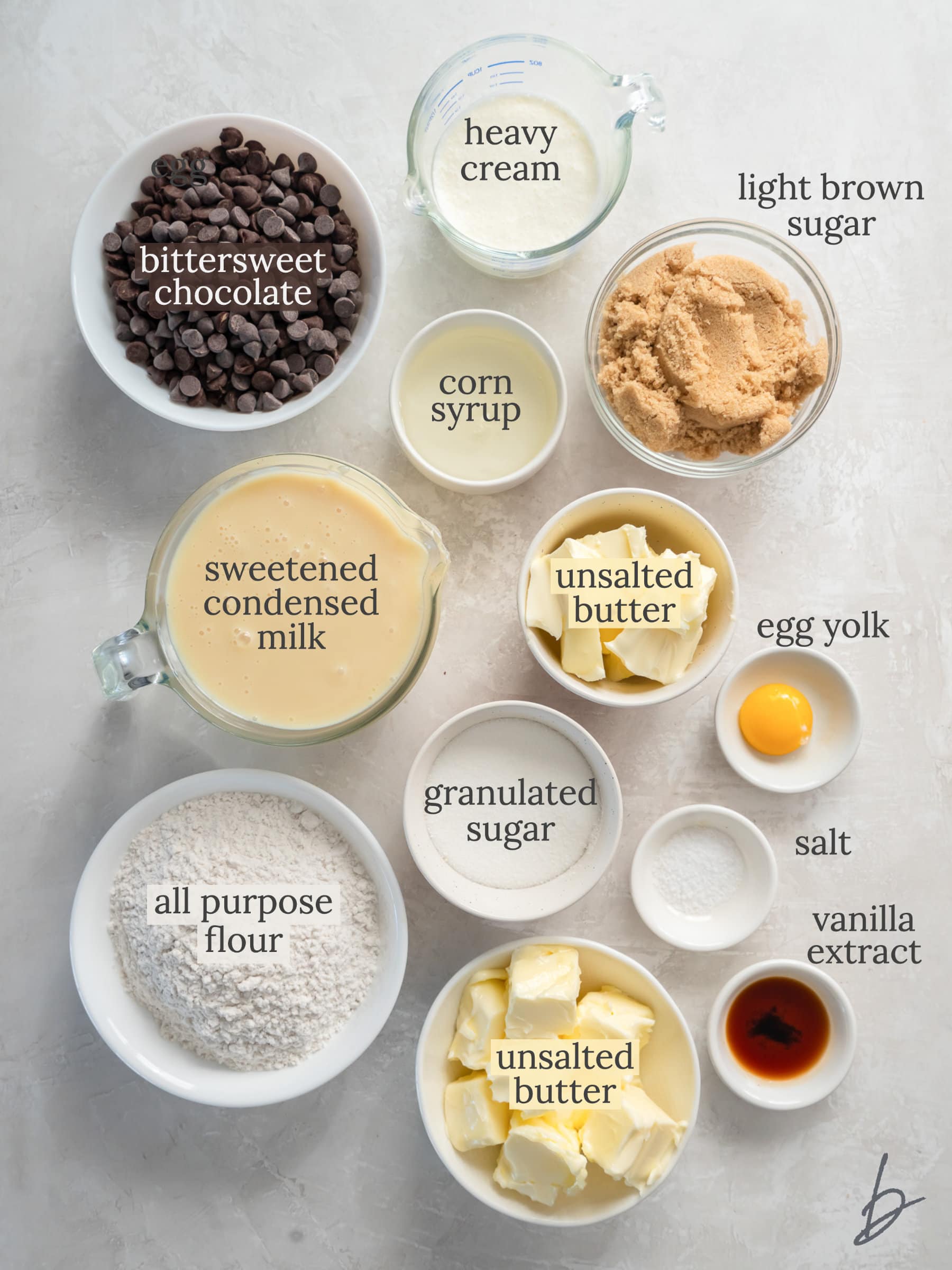 ingredients for 
millionaire bars in bowls labeled with text.