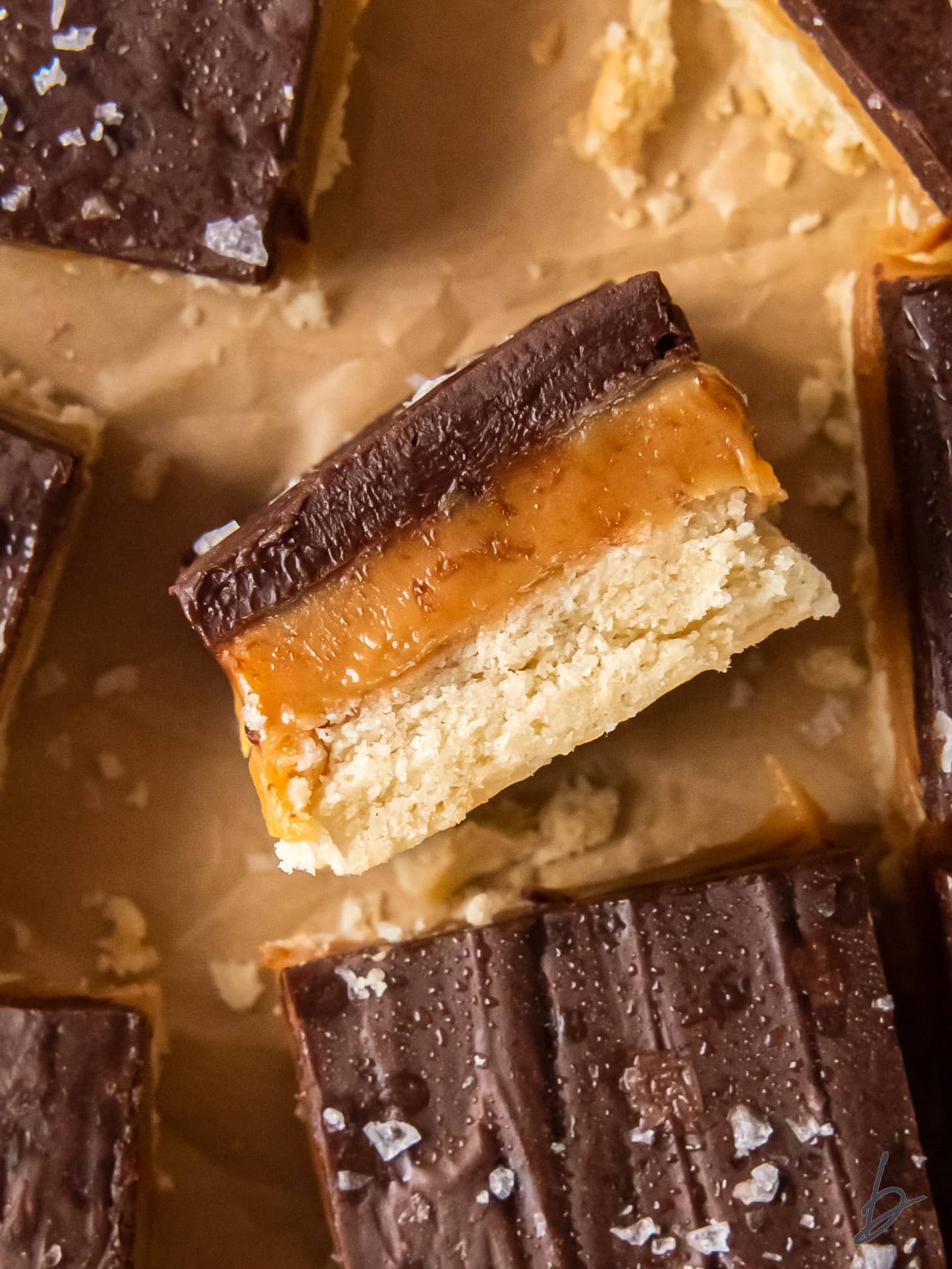 millionaires shortbread bar on its side showing inside layer with caramel.