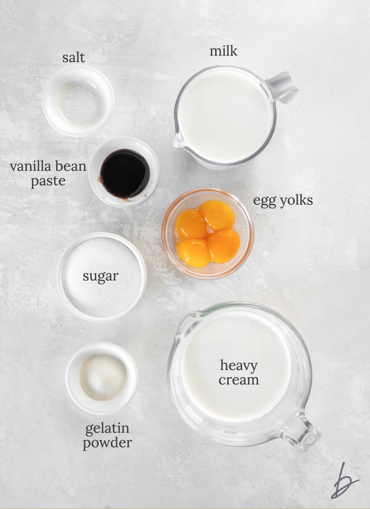 vanilla mousse ingredients in bowls labeled with text.