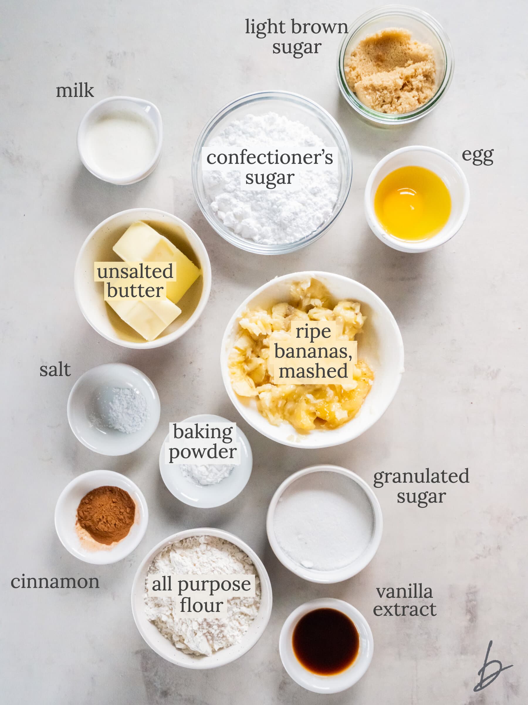 banana donuts ingredients in bowls labeled with text.