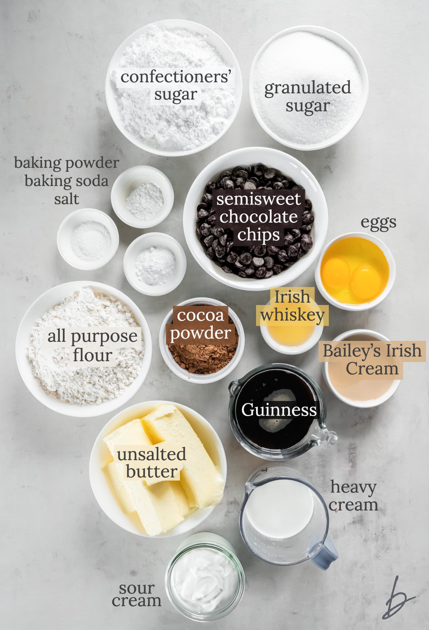 guinness cupcakes and baileys frosting ingredients in bowls labeled with text.